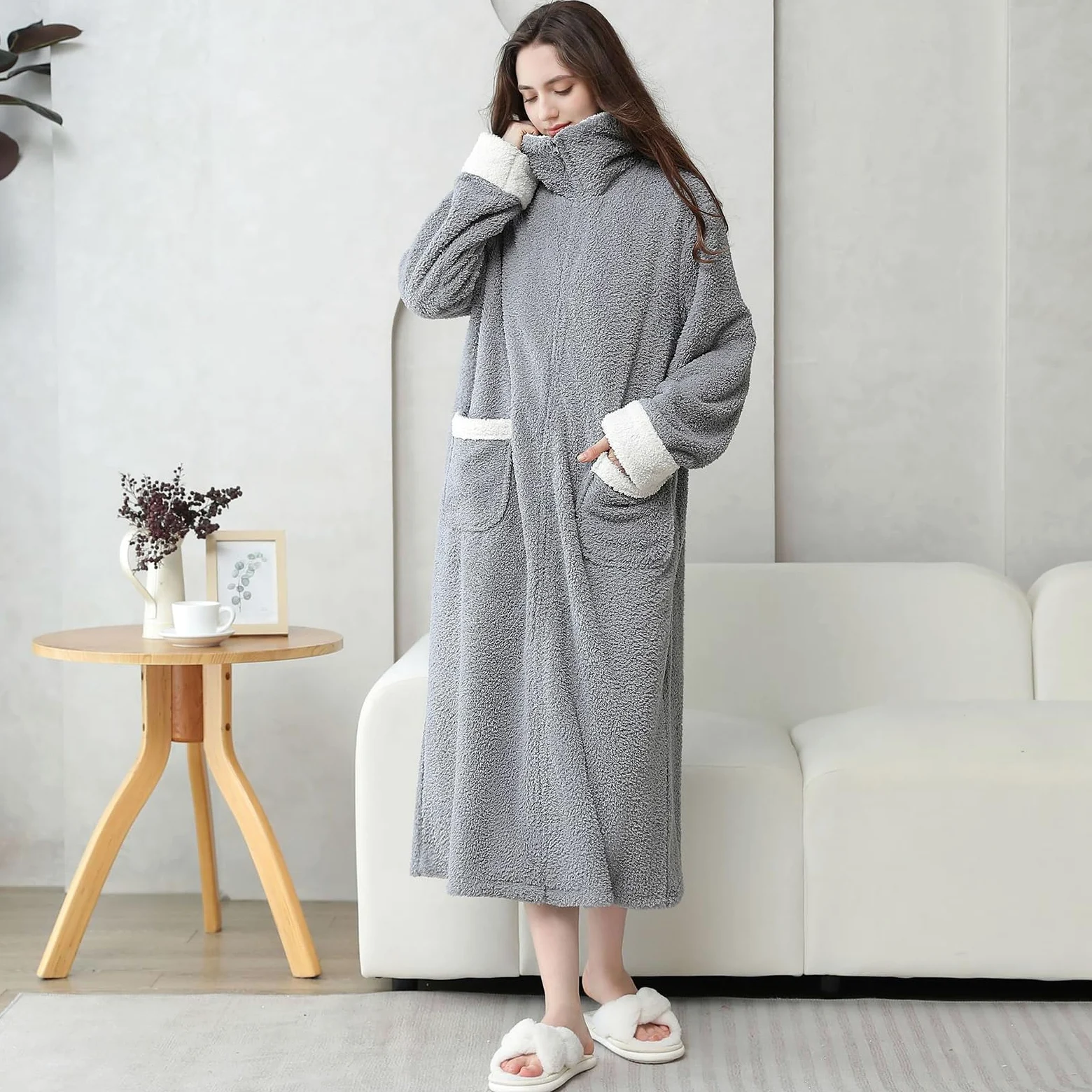 rismart Femme Peignoir Moelleux Col Carré Pleine Longueur Robe de Chambre Mesdames Robe du Matin avec Fermeture Eclair