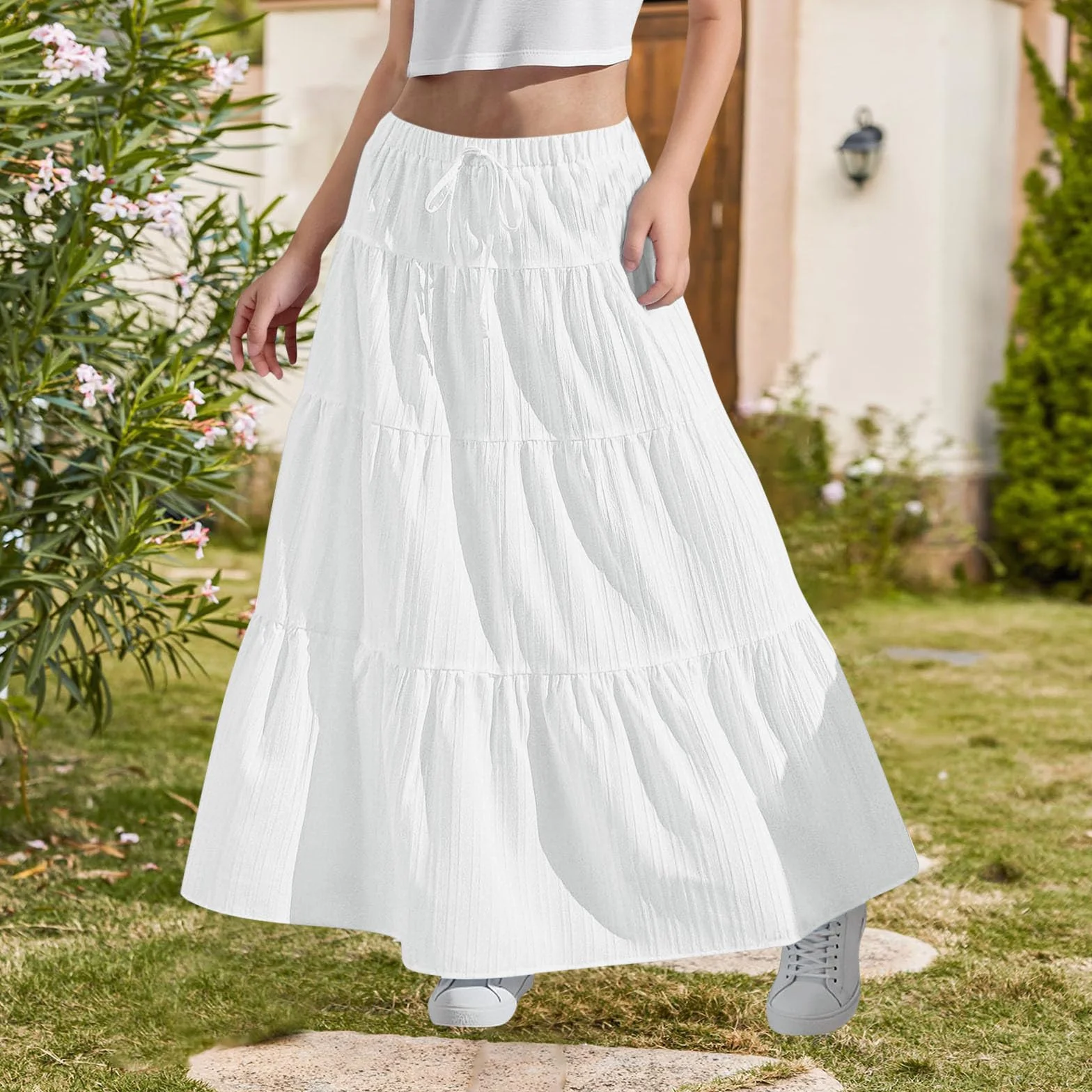 Jupes longues élastiques taille haute pour filles, jupe trapèze unie, ample, décontractée, jupe d'été fluide avec cordon de serrage, jupe-short évasée bohème élégante de 4 à 15 ans