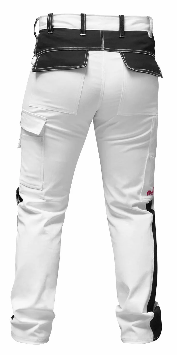 strongAnt® - Pantalon de Peintre élastique, Pantalon de Travail Femme Blanc, Poches pour genouillères, Fermeture éclair YKK + Bouton YKK - Blanc-Noir Couture Blanche 84