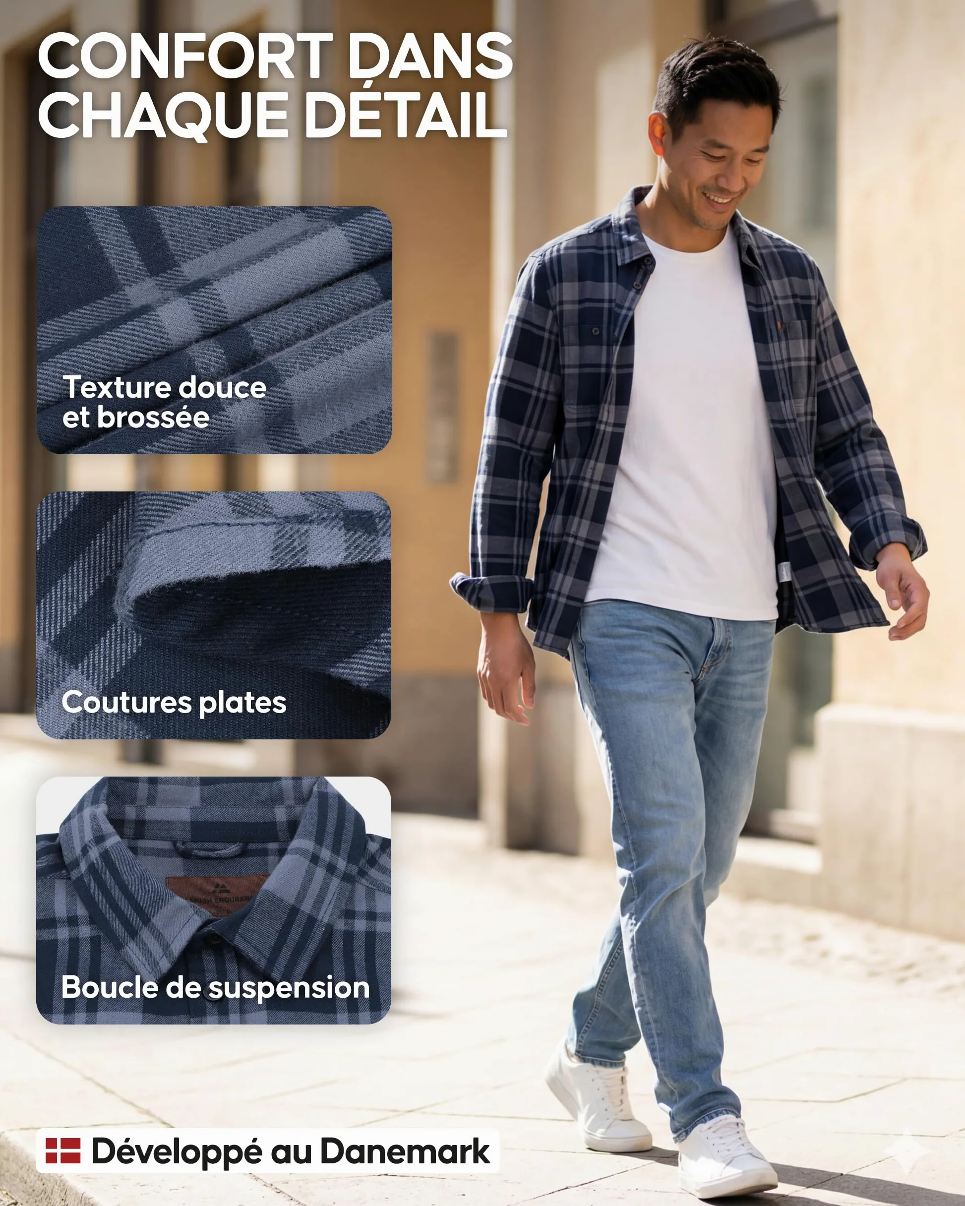 DANISH ENDURANCE Chemise en Flanelle Homme, 100% Coton Biologique | Chemise en Flanelle, 100 % Coton Biologique Doux et Durable, Coupe Décontractée, pour Loisirs et Activités en Extérieur