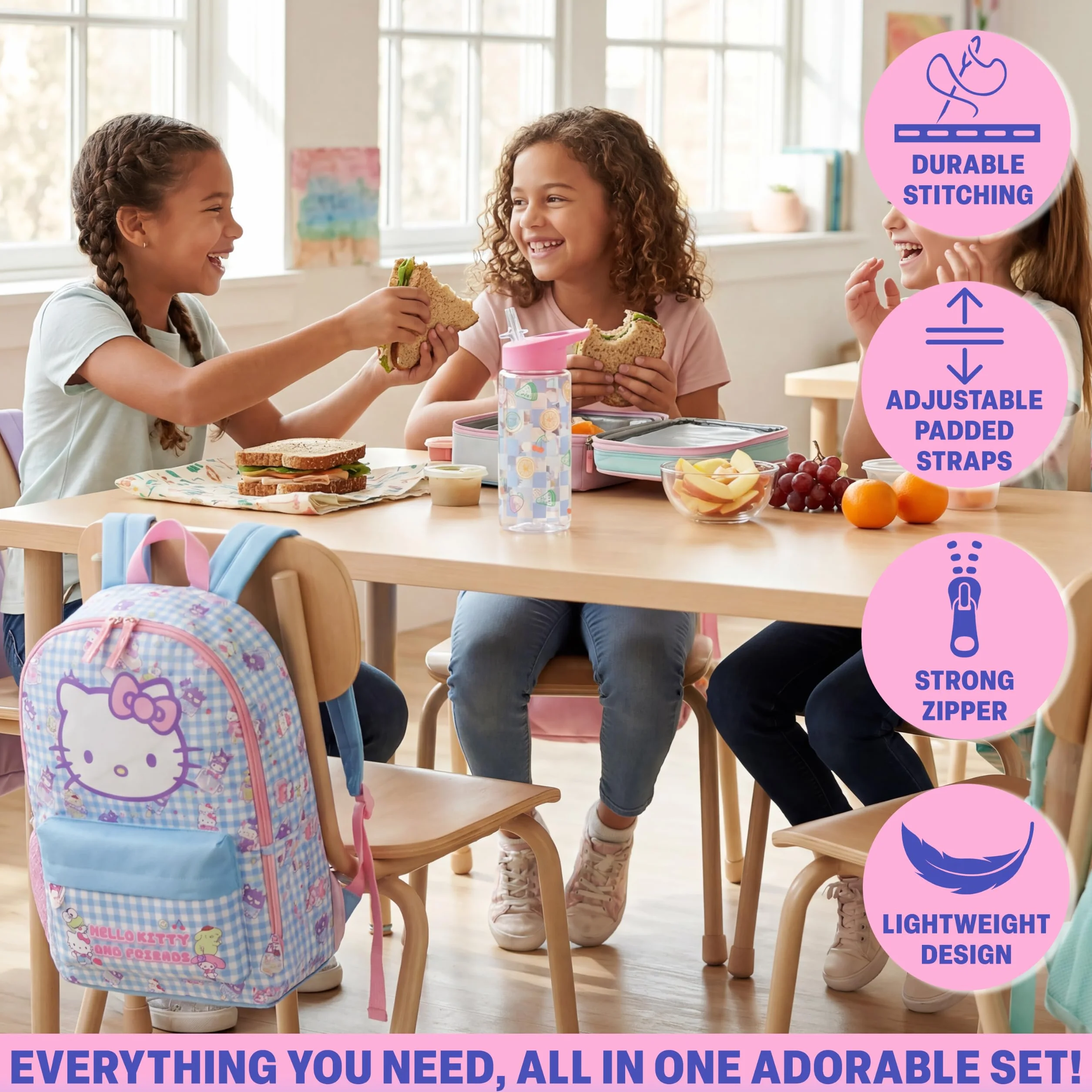 Sac à Dos Fille Hello Kitty Sanrio avec Gourde 500ml Sans BPA, Cartable Enfant Cadeau Fille