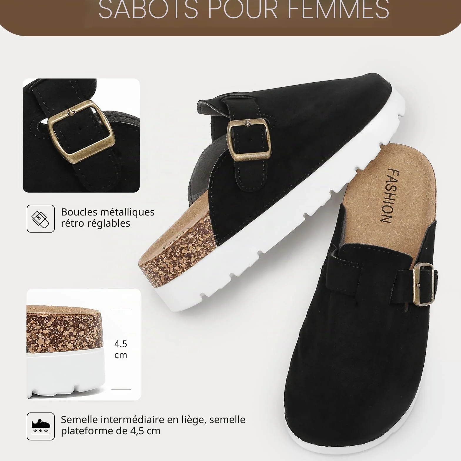 Plateforme Mules et Sabots Femme, Pantoufles Sabot Clogs Chaussons Cuir Liège Sandales- Antidérapants Semell