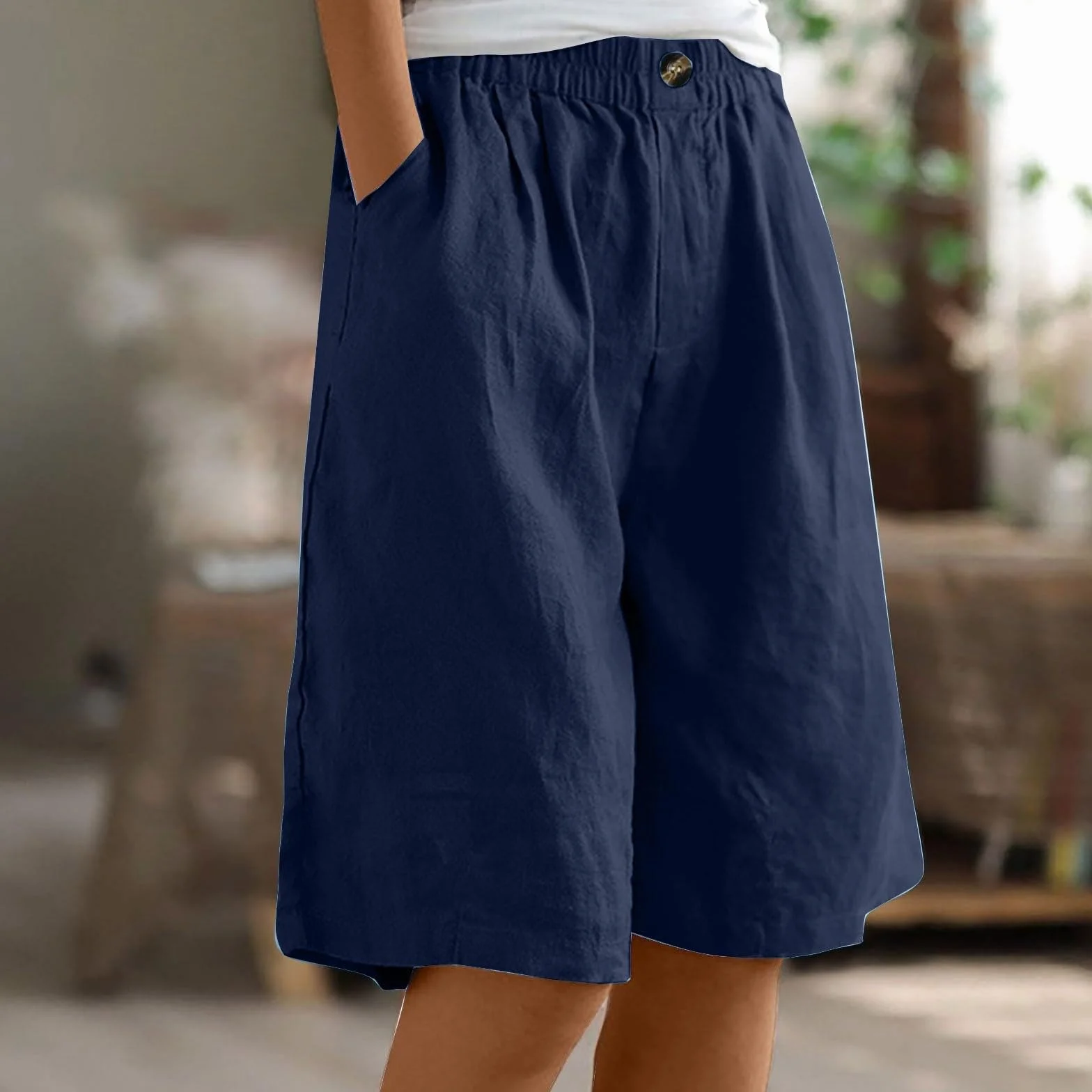 Pantalons Courts Femme Été Blanc Lin Bermuda Grande Taille avec Poches