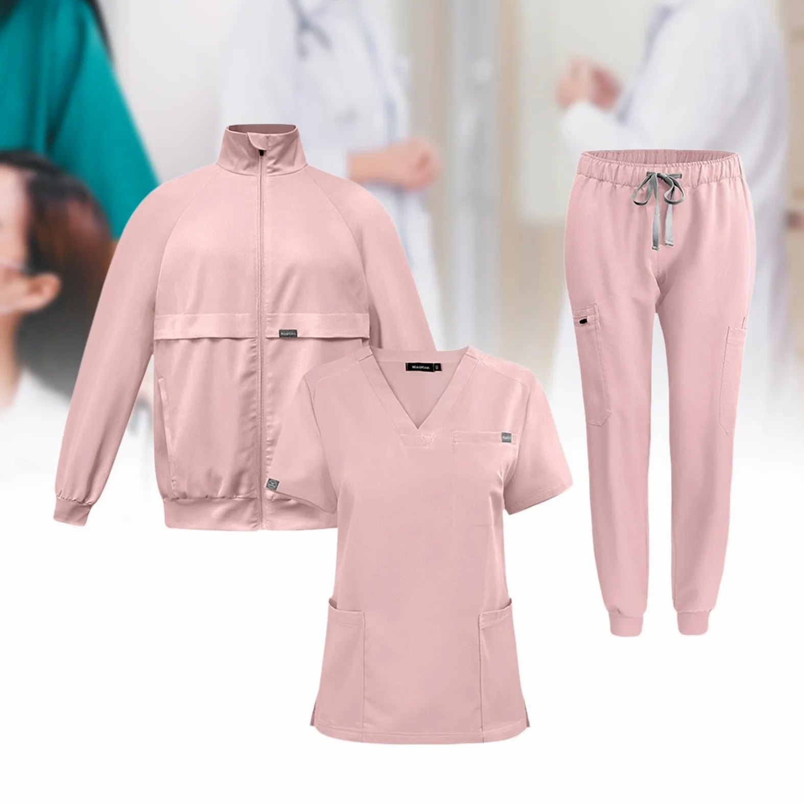 3 Pièces Ensemble Infirmière Uniforme Blouse Pantalon Veste Femme Travail Léger Pratique Polyester Adapté au Centre de Santé Pharmacie Maternité