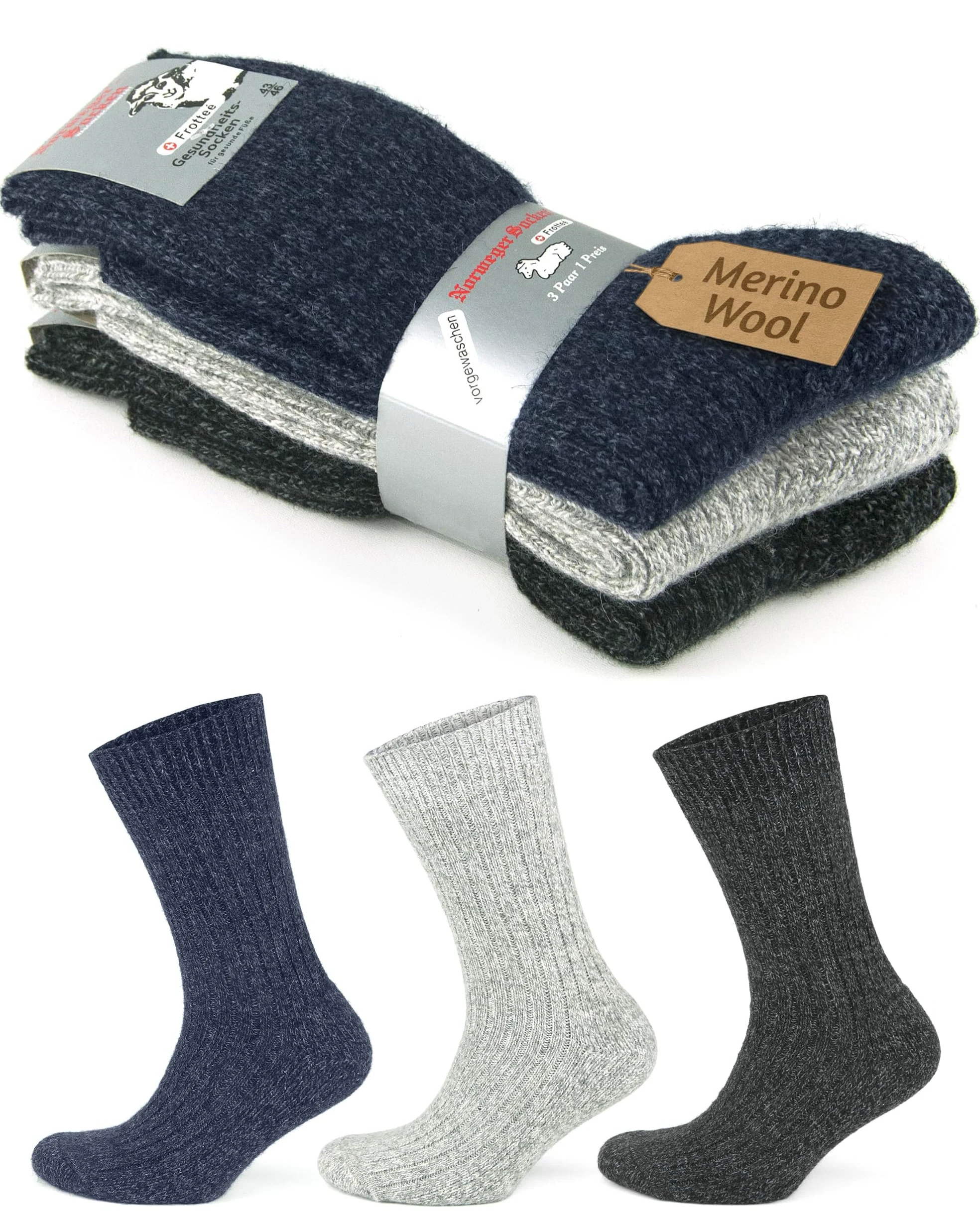 GoWith Lot de 3 paires de chaussettes épaisses en laine mérinos pour homme - Chaudes et confortables - Chaussettes thermiques en tricot éponge