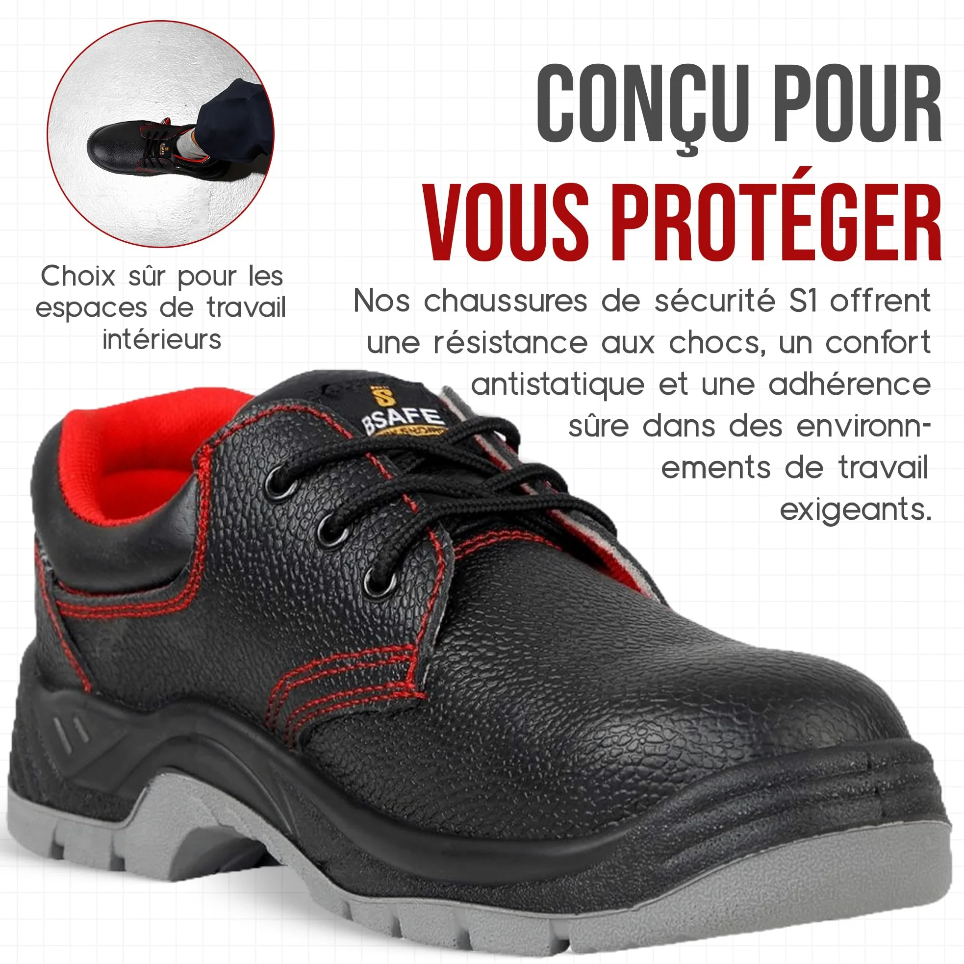 Mazalat Chaussures de sécurité Hommes S1, Chaussures de Travail et de sécurité Legere, Cuir de Veau, Noir, étanche, Antiderapante, Chaussure de securité Homme Embout en Acier, Basket de sécurité