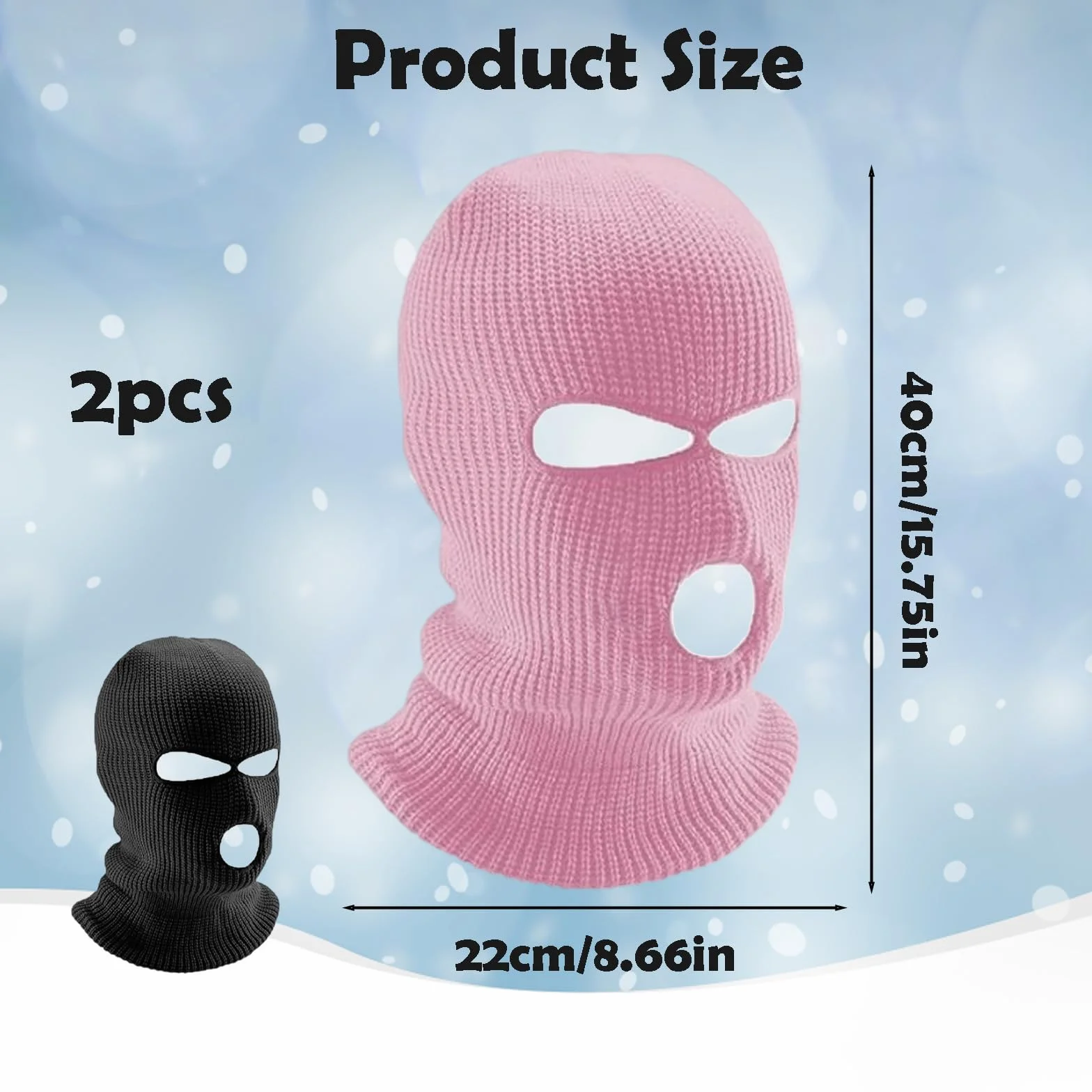Masque de ski, cagoule avec trois ouvertures, masque de ski respirant pour les sports d'hiver et la moto, cagoule tricotée en deux pièces en noir et rose clair