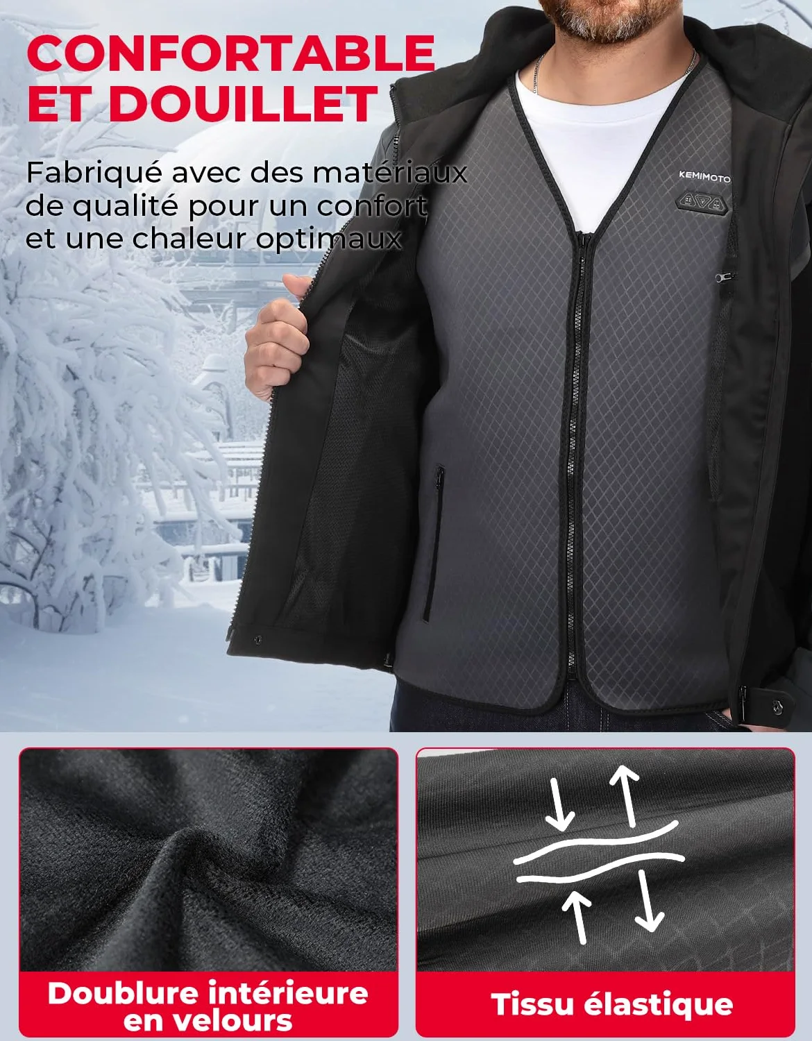KEMIMOTO Gilet Chauffant Homme, 6 Zones de Chaleur et 3 Niveaux de Chauffage, Tissu de Plongée et Doublure en Velours Cristal, Ski Pêche et Moto (Sans Batterie)