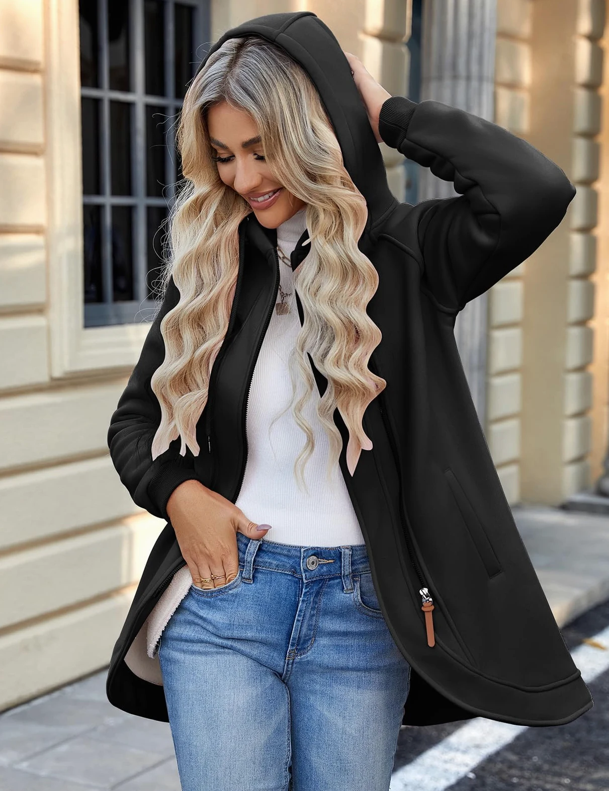 Voqeen Veste Polaire Femme Manches Longues Sweat à Capuche Sweat Zippé Hoodie Manteaux Femme Hoodie Hiver Veste d'hiver Doublé Polaire Chaud
