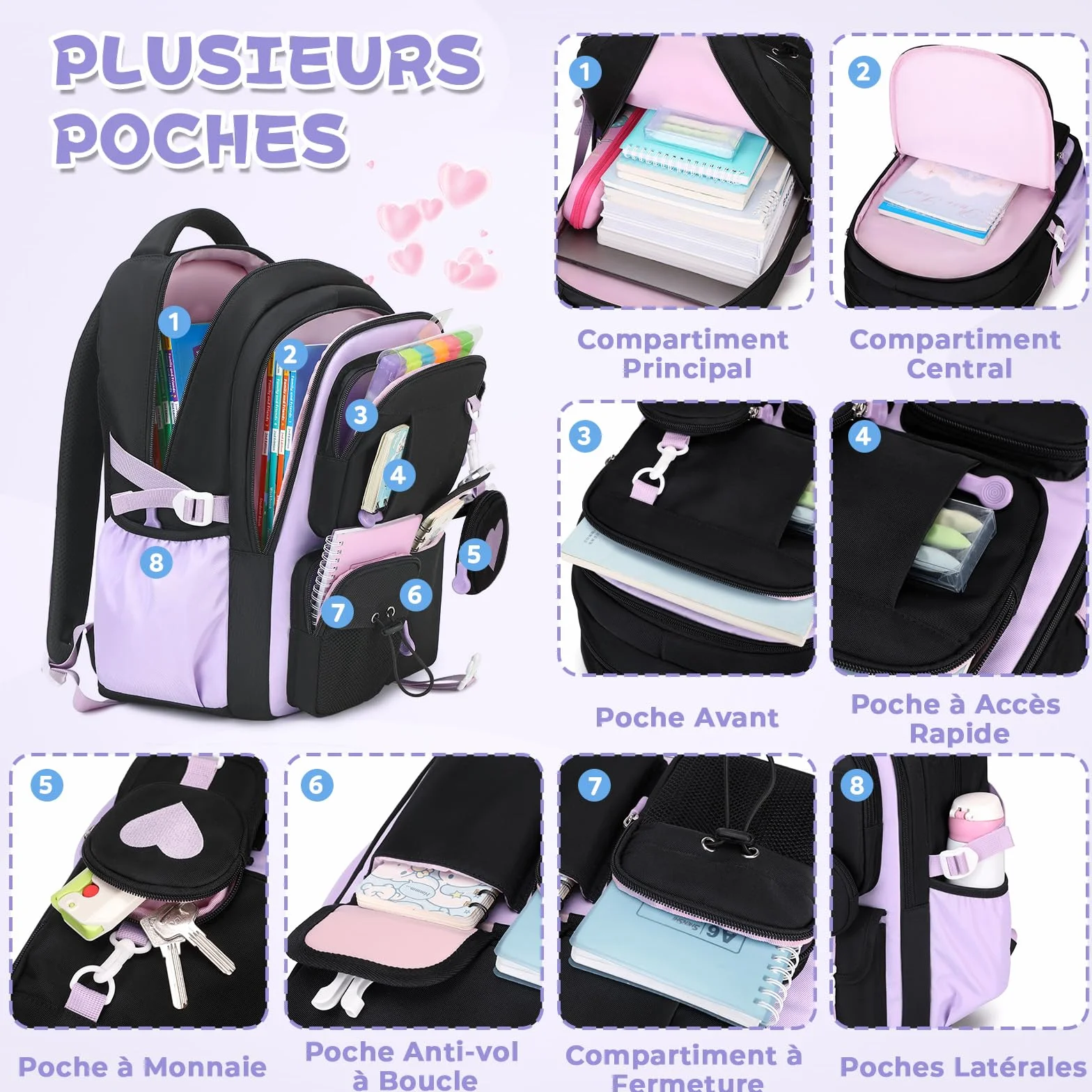 Sac à dos Fille Primaire Respirant avec Bandes Réfléchissantes, Sac d'école Ergonomique Léger