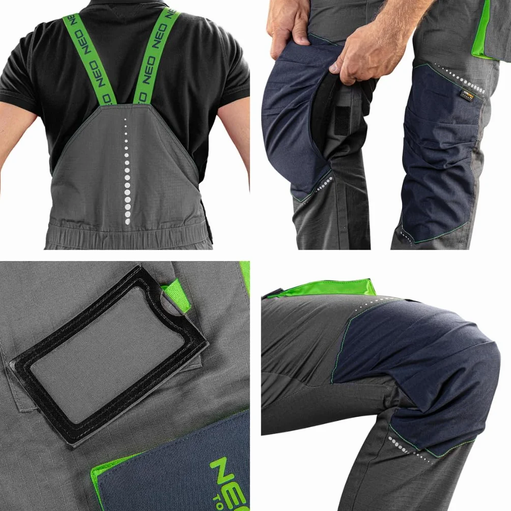 NEO TOOLS Salopette de travail de qualité supérieure pour homme, 100% coton, 210 g/m², Ripstop, taille XS-3XL, zone des genoux renforcés en Cordura, éléments réfléchissants (L)