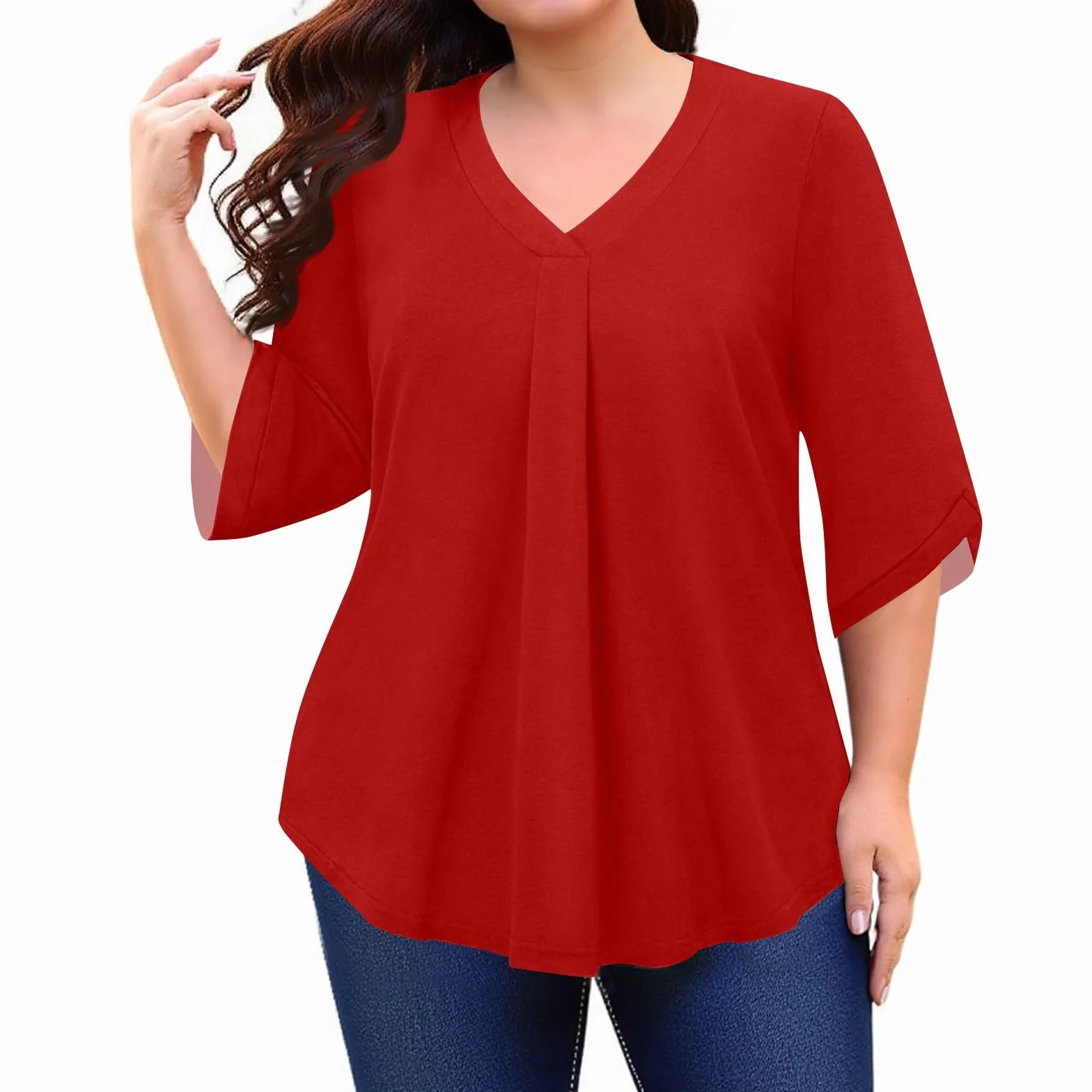 Tee Shirt Femme Grande Taille ÉLégant à Col en V Chic Chemisier à 3/4 Manches Longues Imprimé Floral/Couleur Unie Blouses