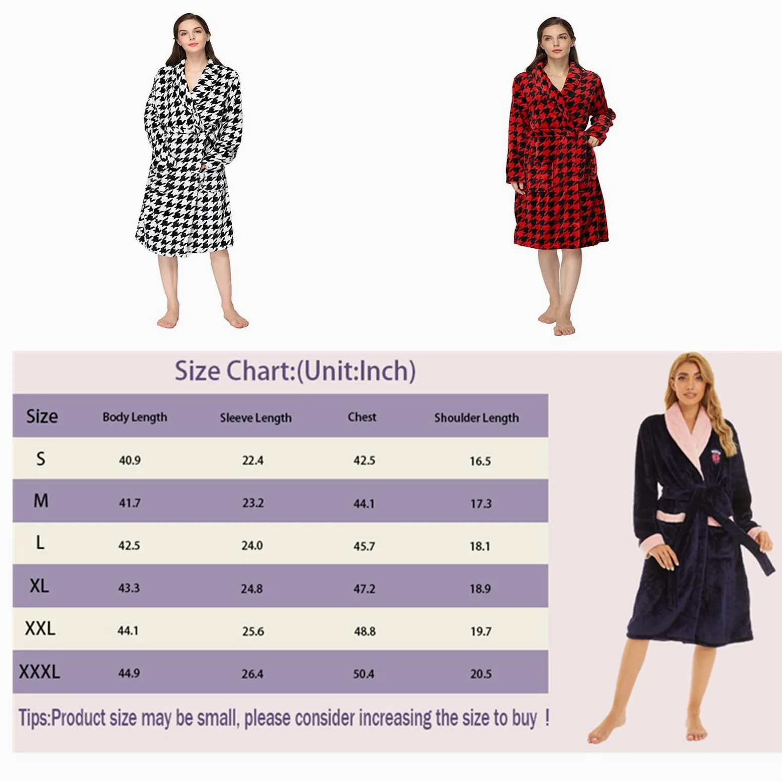 Robe de Chambre Femme, Peignoirs de Robe Chaude d'hiver en Flanelle, Confortables Vêtements de Nuit pour La Journée Froide (TYP-2,S)