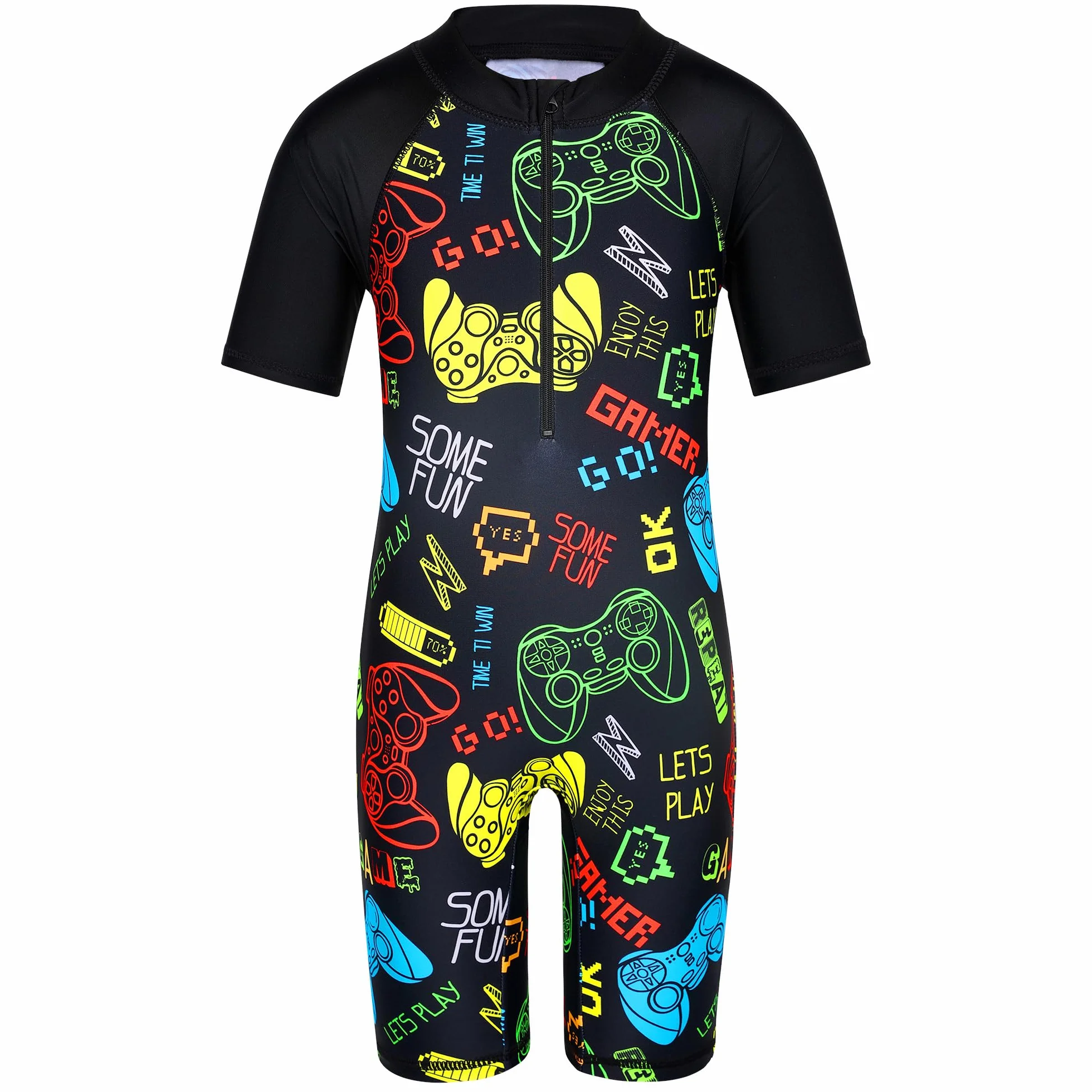 HUAANIUE Garçons Enfants Maillot de Bain 1 Pièce Anti-UV UPF 50+ Enfants Garçons Costume de Bain zippé à Manches Courtes 2-12 Ans