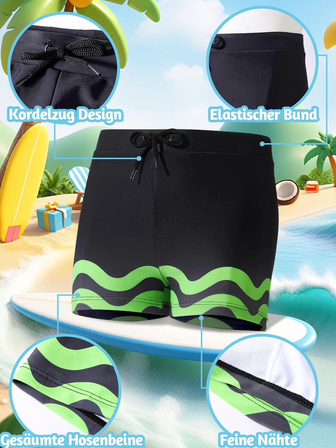 Short de bain pour garçon - Motif ondulé - Séchage rapide - Avec doublure - Taille élastique - Pour garçon - 128-176 cm