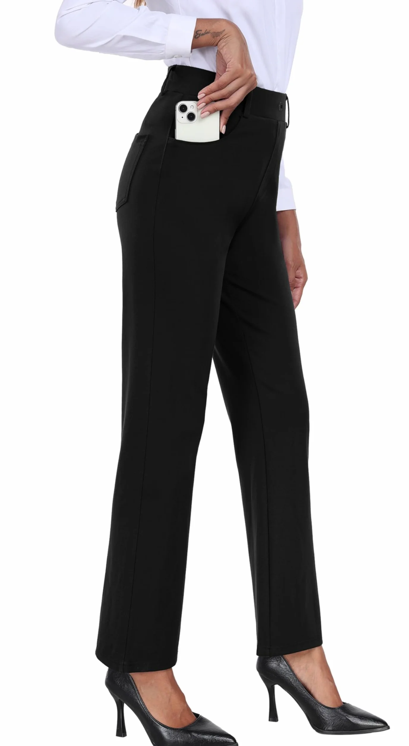 GRECERELLE Womens Work Trousers Office Smart Stretchy High Elasticated Waist Straight Leg Casual Yoga Pants for Women UK with Pockets Zipper