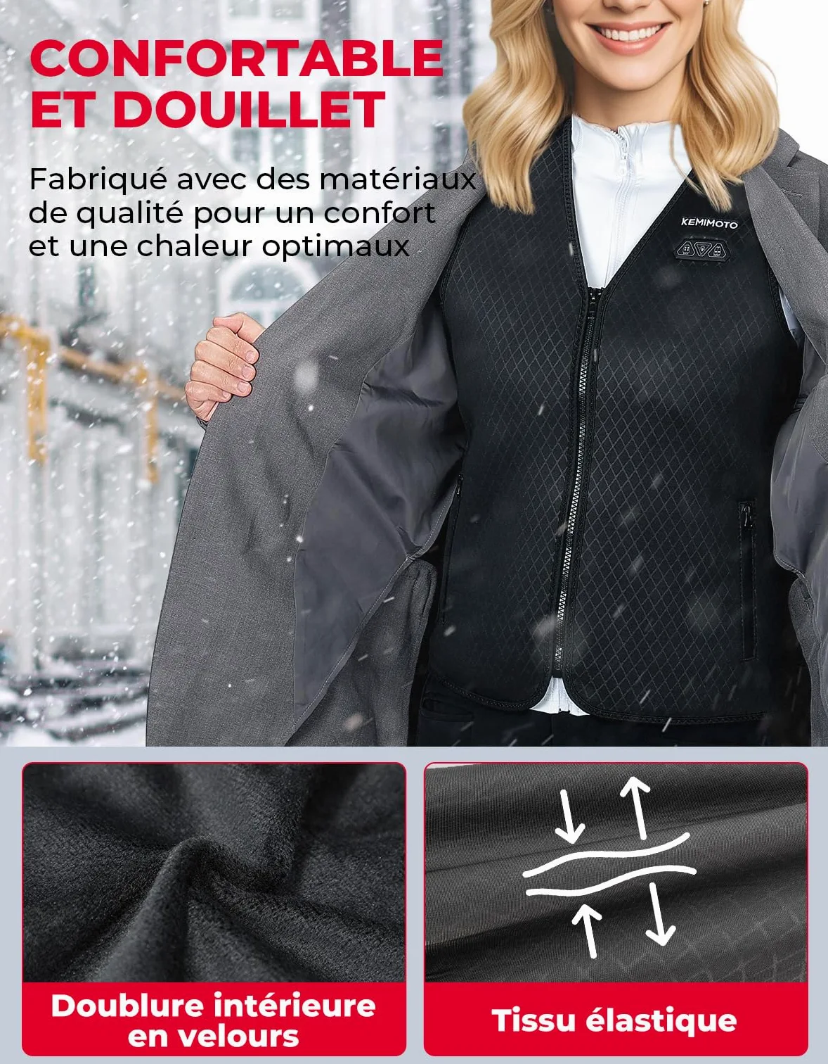 KEMIMOTO Gilet Chauffant Femme, Gilet Chaud et Slim à la Mode, 6 Zones de Chauffage, 3 Niveaux de Chauffage Idéal pour le Camping, le Ski, la Pêche et les Activités de Plein Air (Sans Batterie)