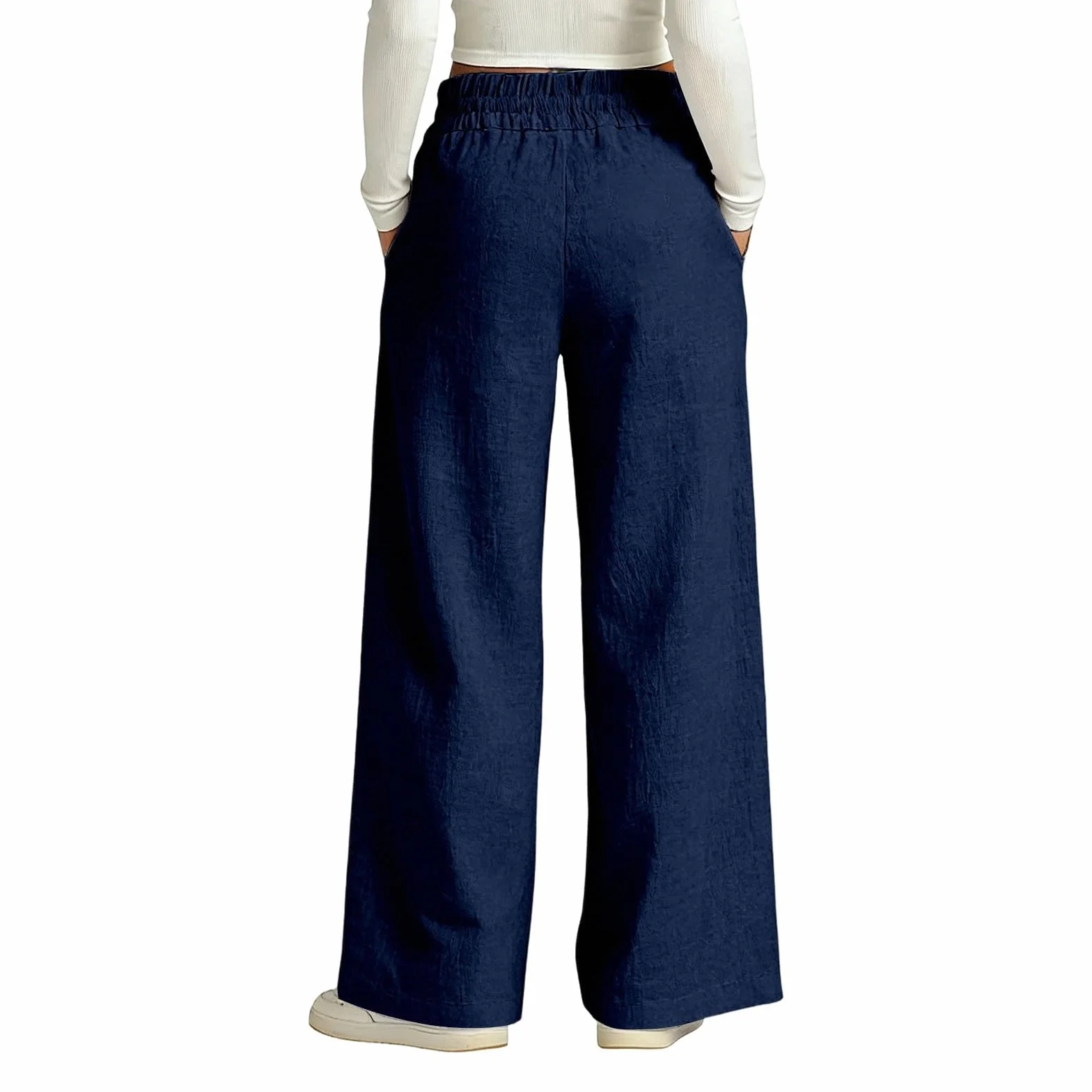 Pantalon Fluide Femme Été Léger Pantalon en Lin Décontracté Taille Elastique Pants à Jambes Larges avec Poches Respirant Confortable Pantalons Ample de Plage