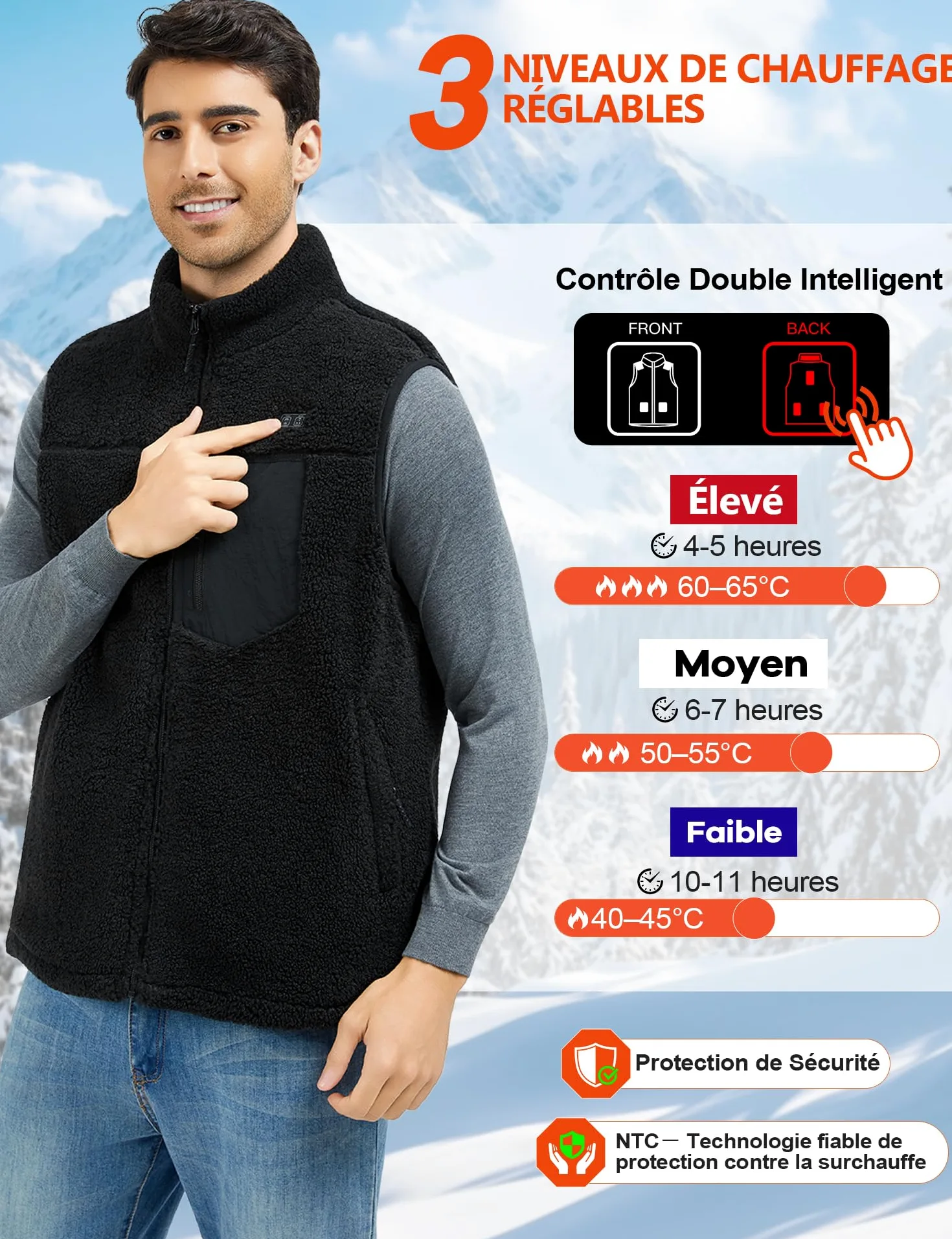 Gilet Chauffant Homme avec Batterie 18400mAh 7,4 V，Polaire Gilet Chauffant, 8 Zones Chauffantes Lavable Veste Chauffante Électrique Hiver