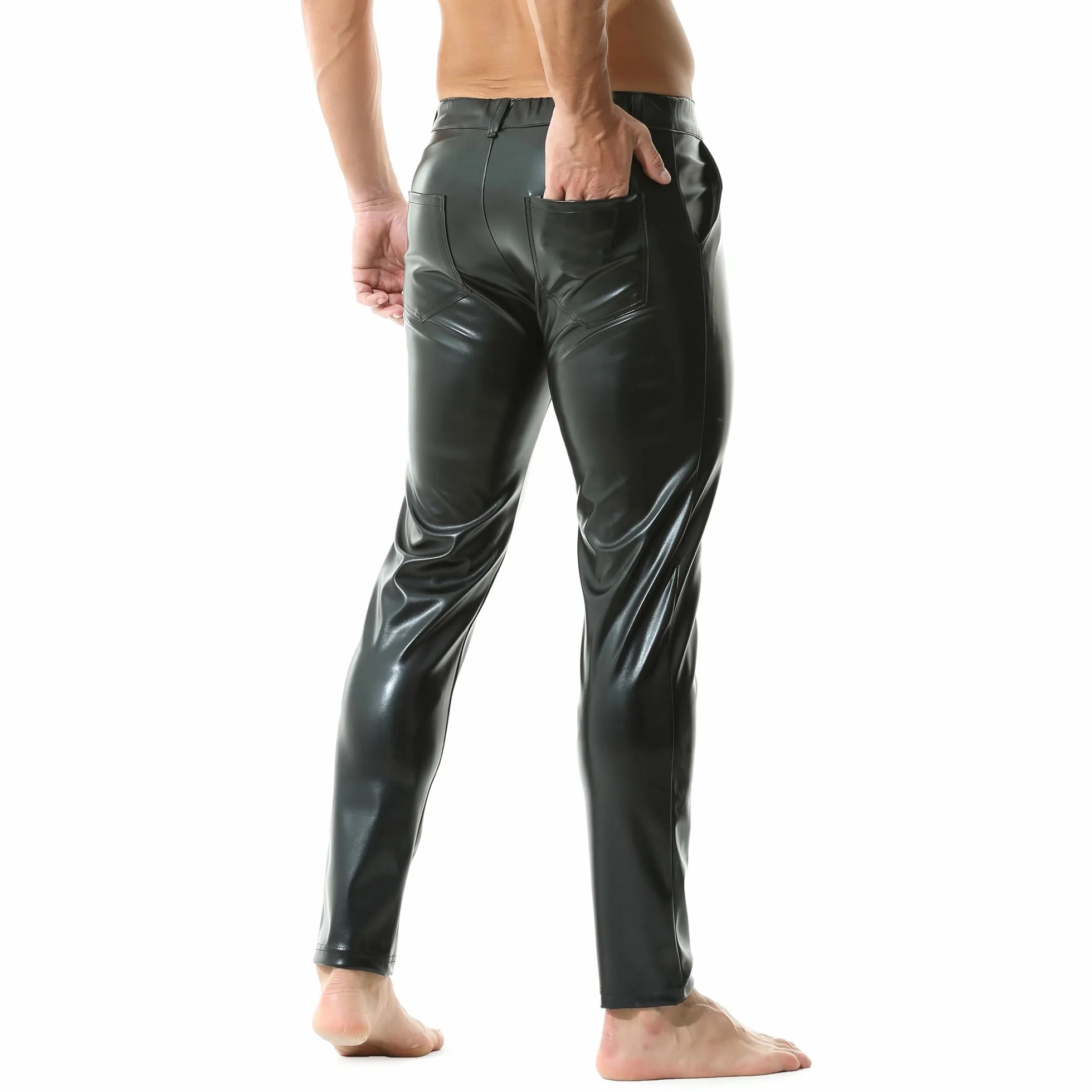 YUFEIDA Legging homme cuir synthétique aspect mouillé poches fermeture éclair moto cosplay danse
