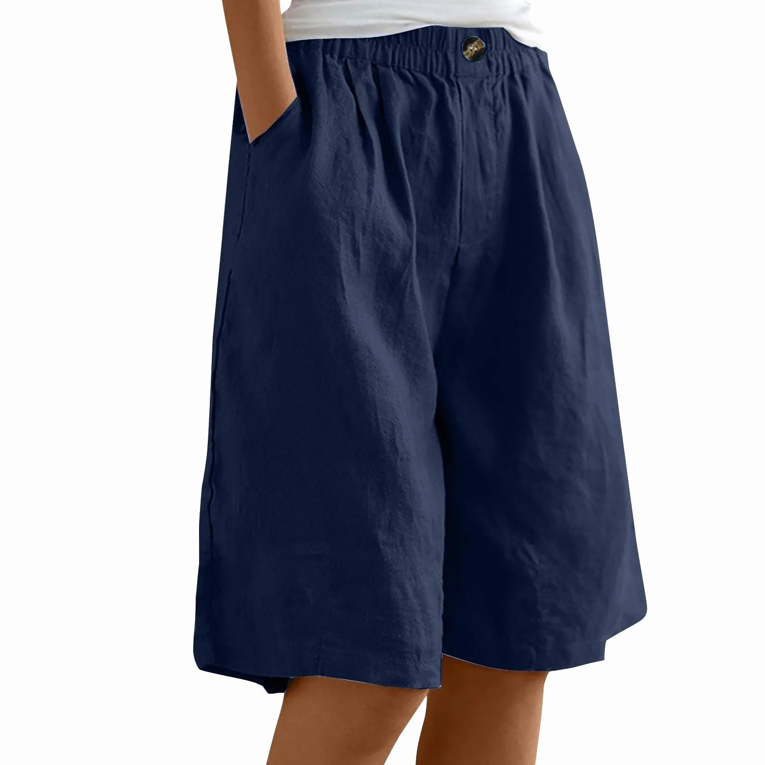 Pantalons Courts Femme Été Blanc Lin Bermuda Grande Taille avec Poches