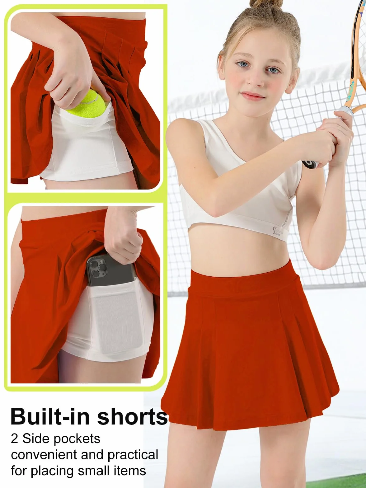 Jupe de Tennis pour Filles Jupe de Golf Plissée pour Enfants avec Poches pour Short Jupe-Short de Athlétique 4 à 15 Ans