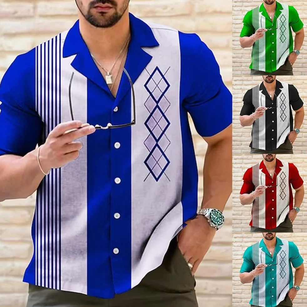 Chemise de bowling rétro à rayures pour homme, style décontracté, vintage, manches courtes, boutonnée (XL noir)