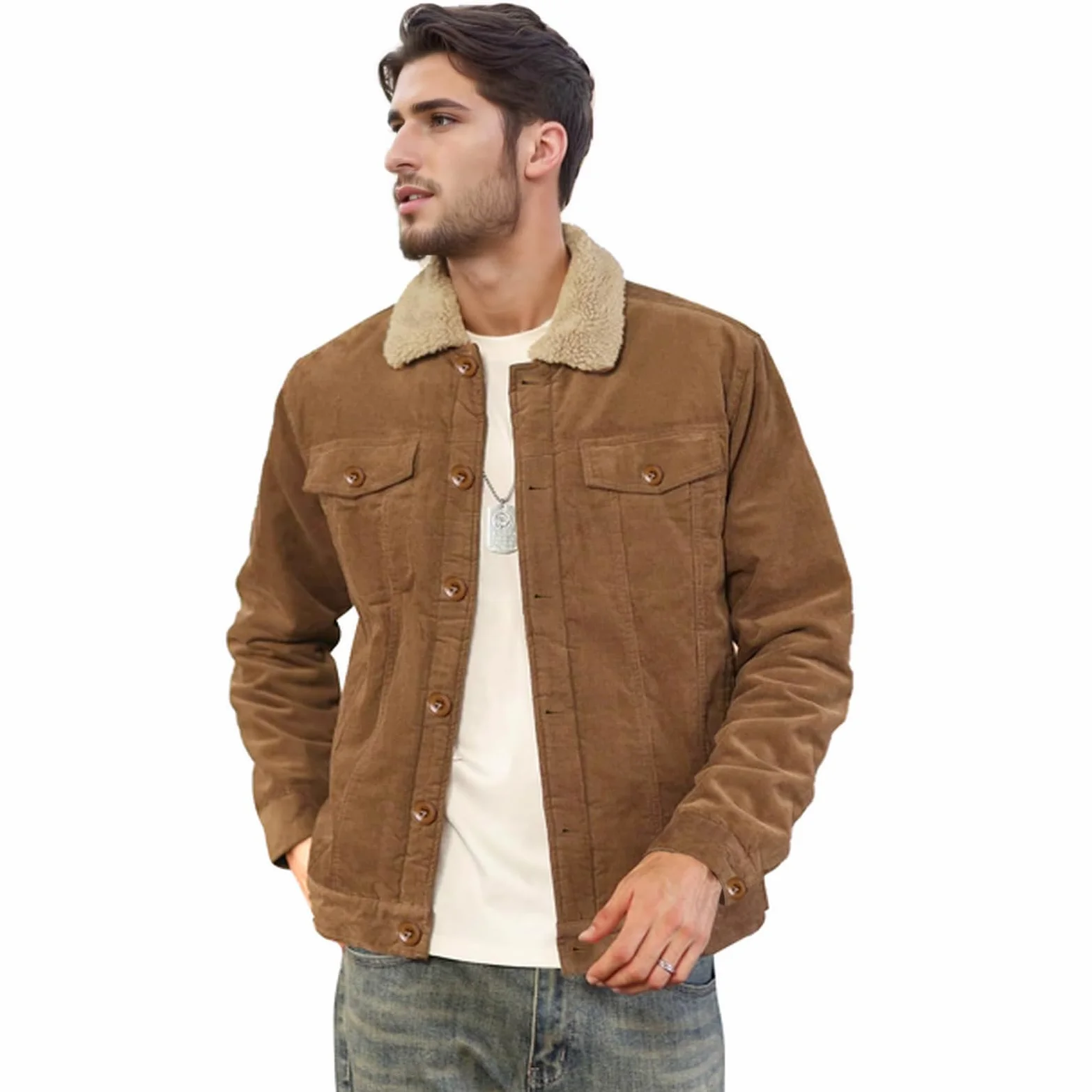 Veste Cargo en Polaire pour Homme Manteau de Camionneur Chaude Doublée en Sherpa Manteau d'hiver Boutonné Chaude Avec Revers