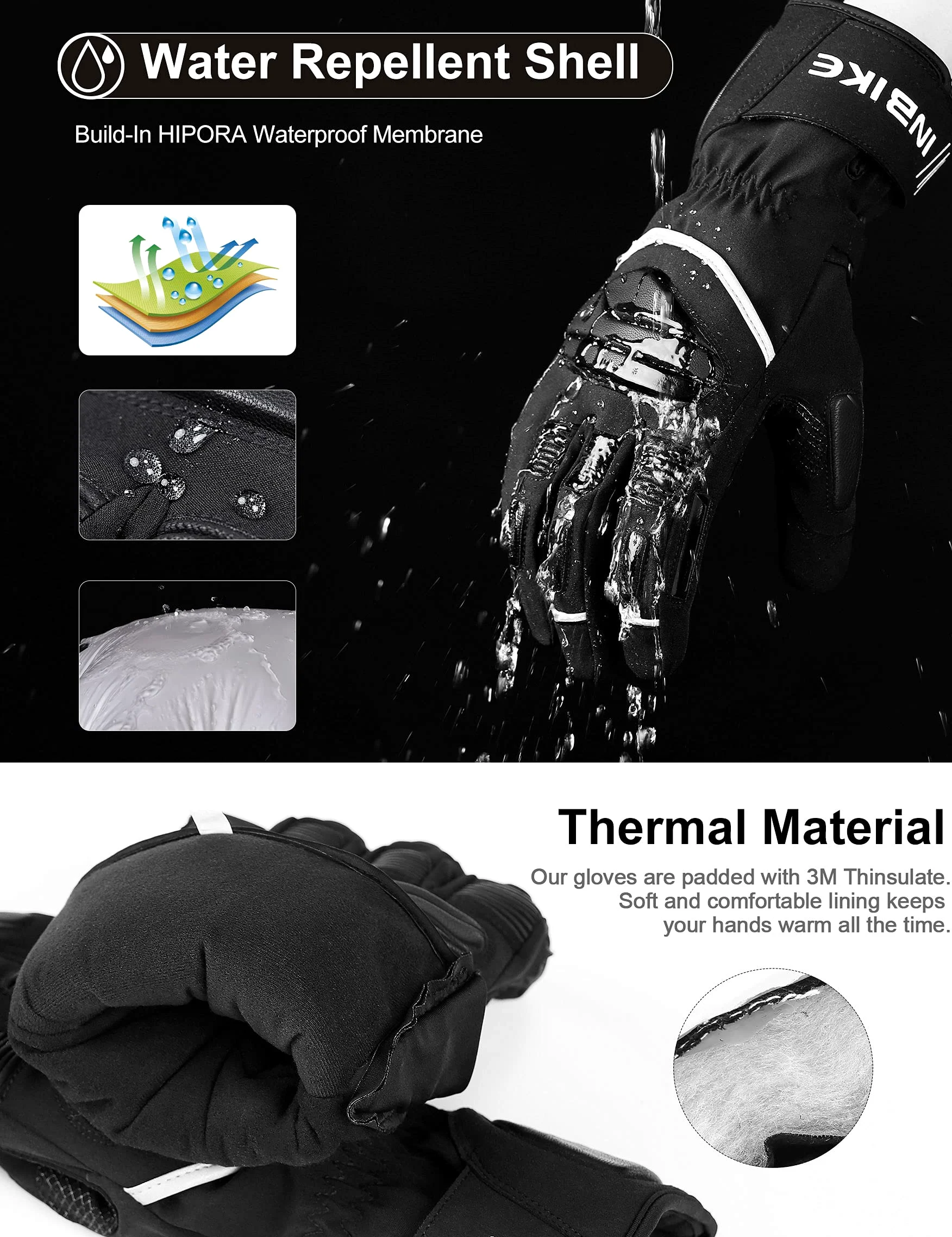 INBIKE Gants de Cyclisme VTT et Velo de Route Homme Hiver à Écran Tactile Chauffants Impermeable Coupe Vent pour Escalade Randonnée Camping