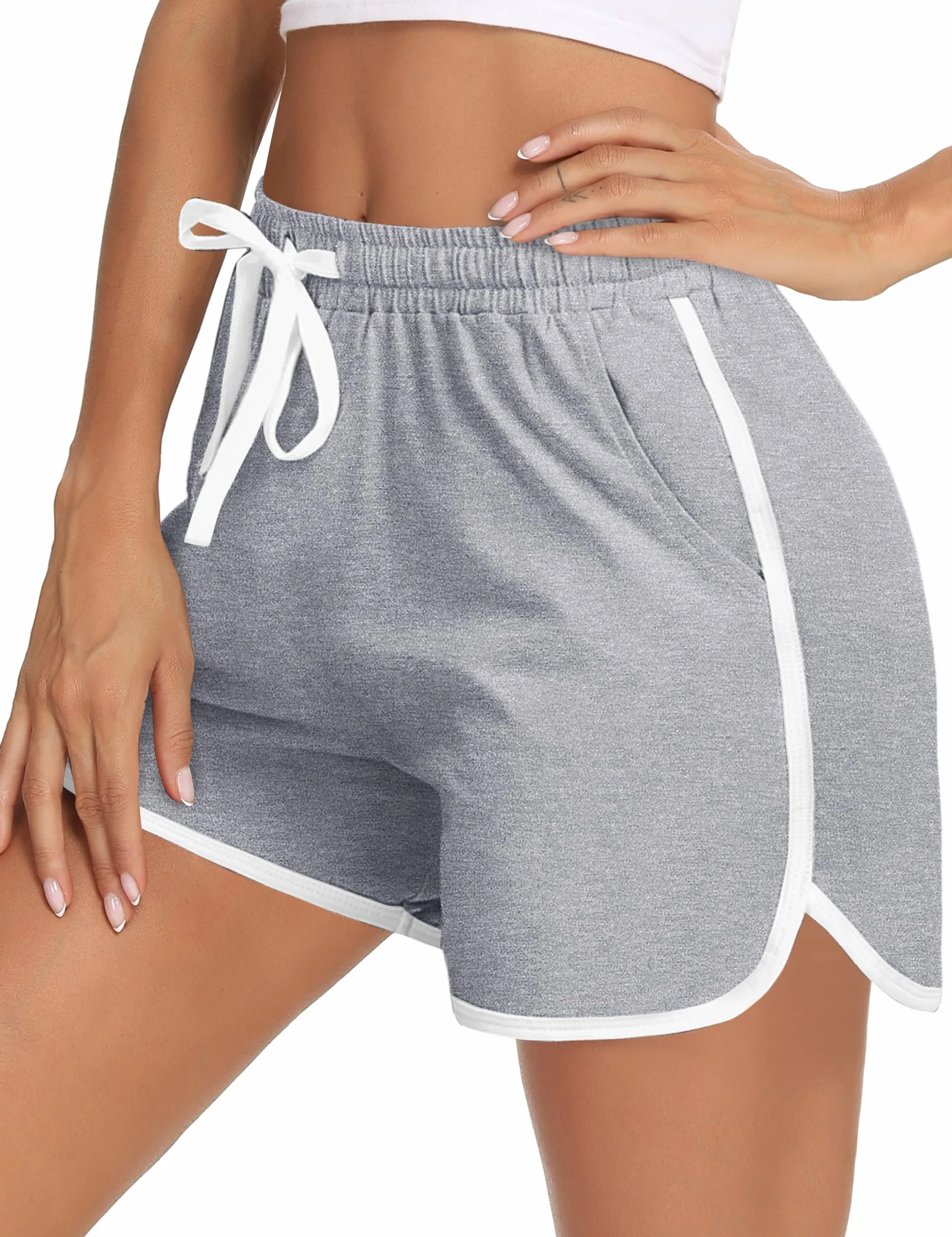 Aseniza Short de Sport Femme Coton Taille Haute - Bas de Survêtement Court pour Course à Pied, Yoga, Jogging, Fitness, Running - Bordure Blanche