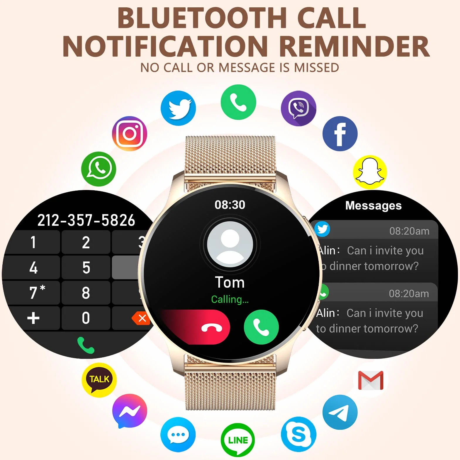 Montre Connectée Femme Appel Bluetooth et Assistant AI Notification Intelligente Smartwatch Fréquence Cardiaque Sommeil Étanche Tracker d'activité Podomètre 3 Bracelets Montre Sport pour Android iOS