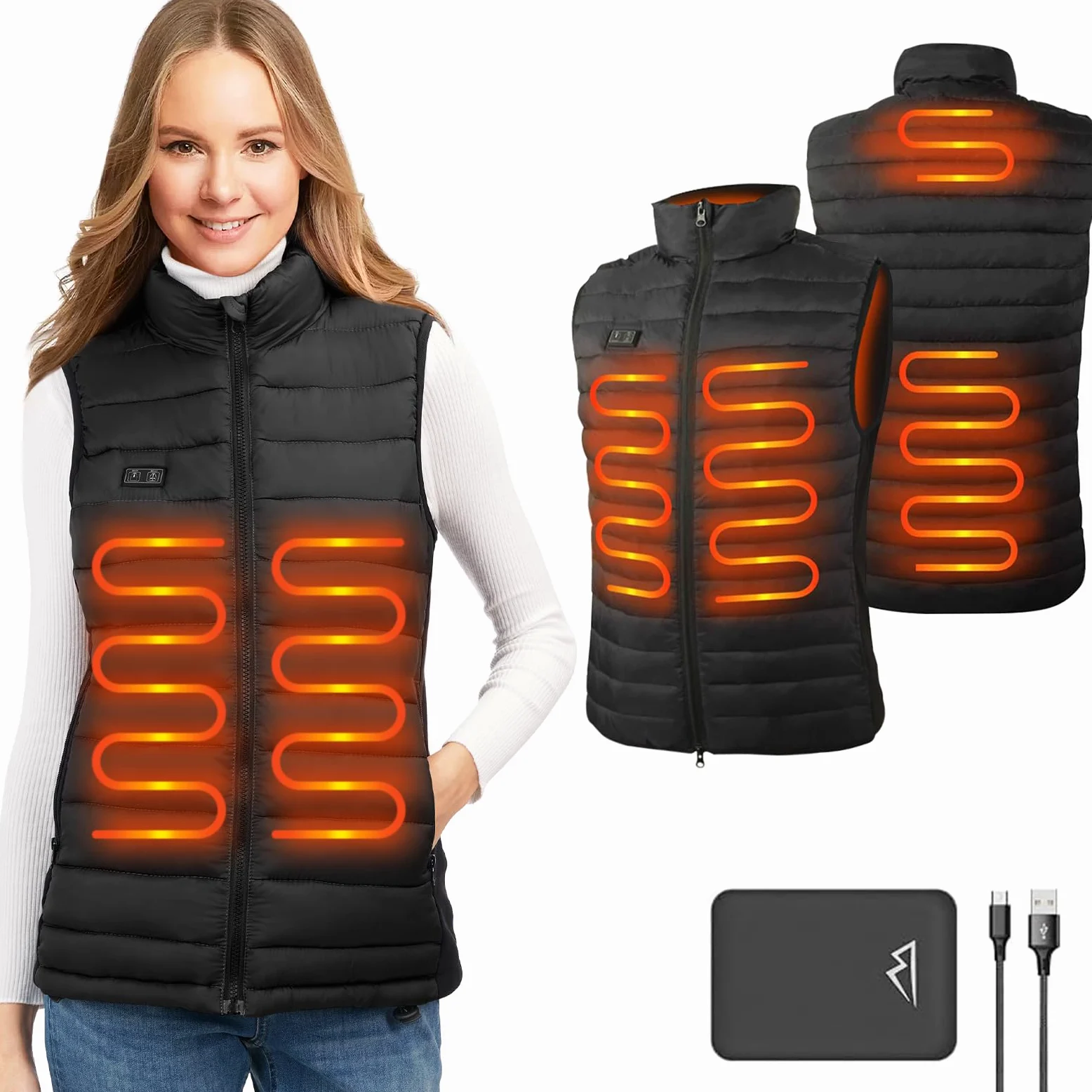 seenlast Veste Chauffante Femme, Gilet Chauffant Femme avec Batterie Incluse, Doudoune Chauffante Électrique USB avec 4 Zones de Chaleur et 3 Niveaux Température, Etanche et Lavable en Machine