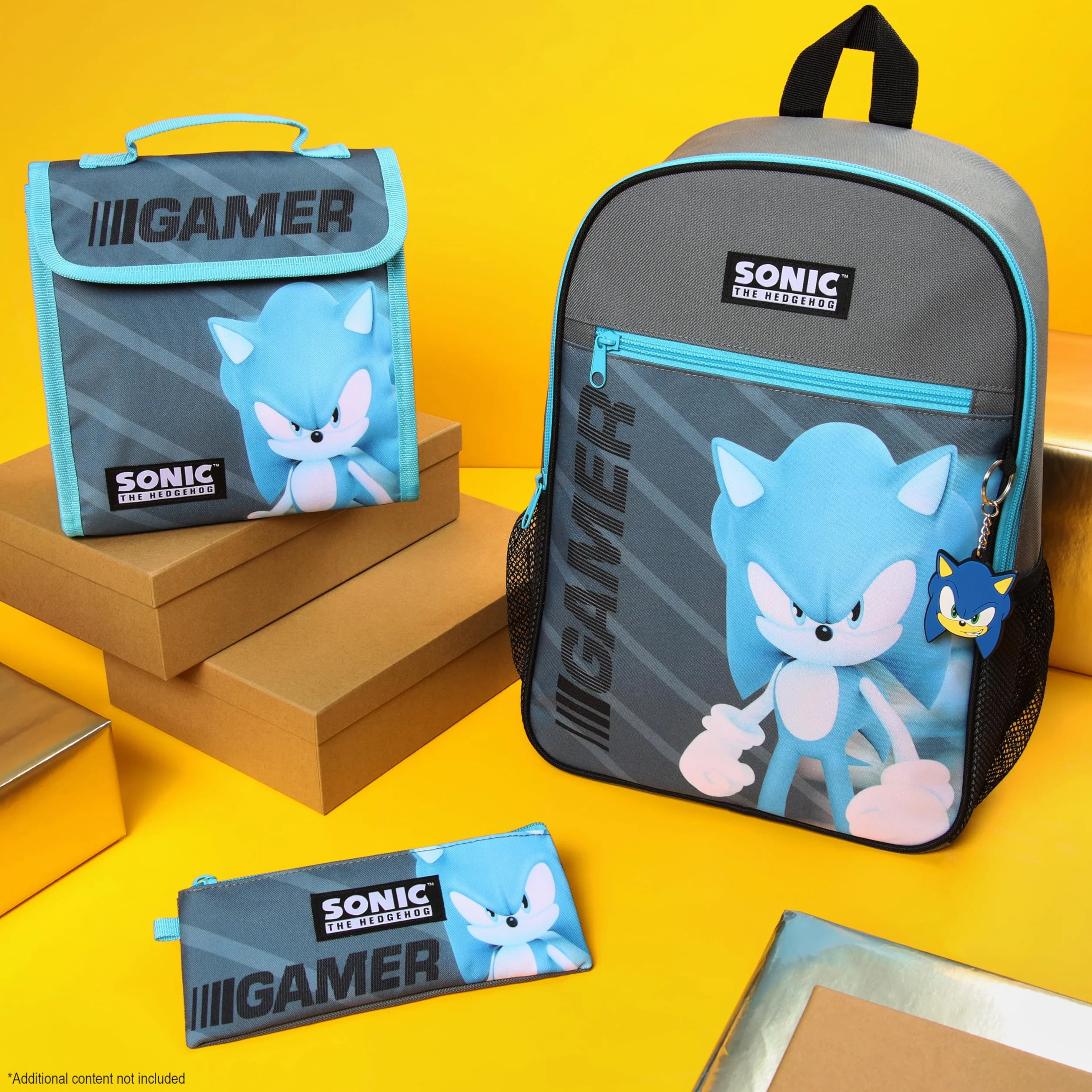 Sonic The Hedgehog Sac à Dos Enfant, Cartable Garcon Primaire CP Sac à Dos 37 cm avec Accessoires Lunch Box Enfant, Trousse, Porte Clef, Idée Cadeau Rentrée Scolaire Ensemble 4 Pièces