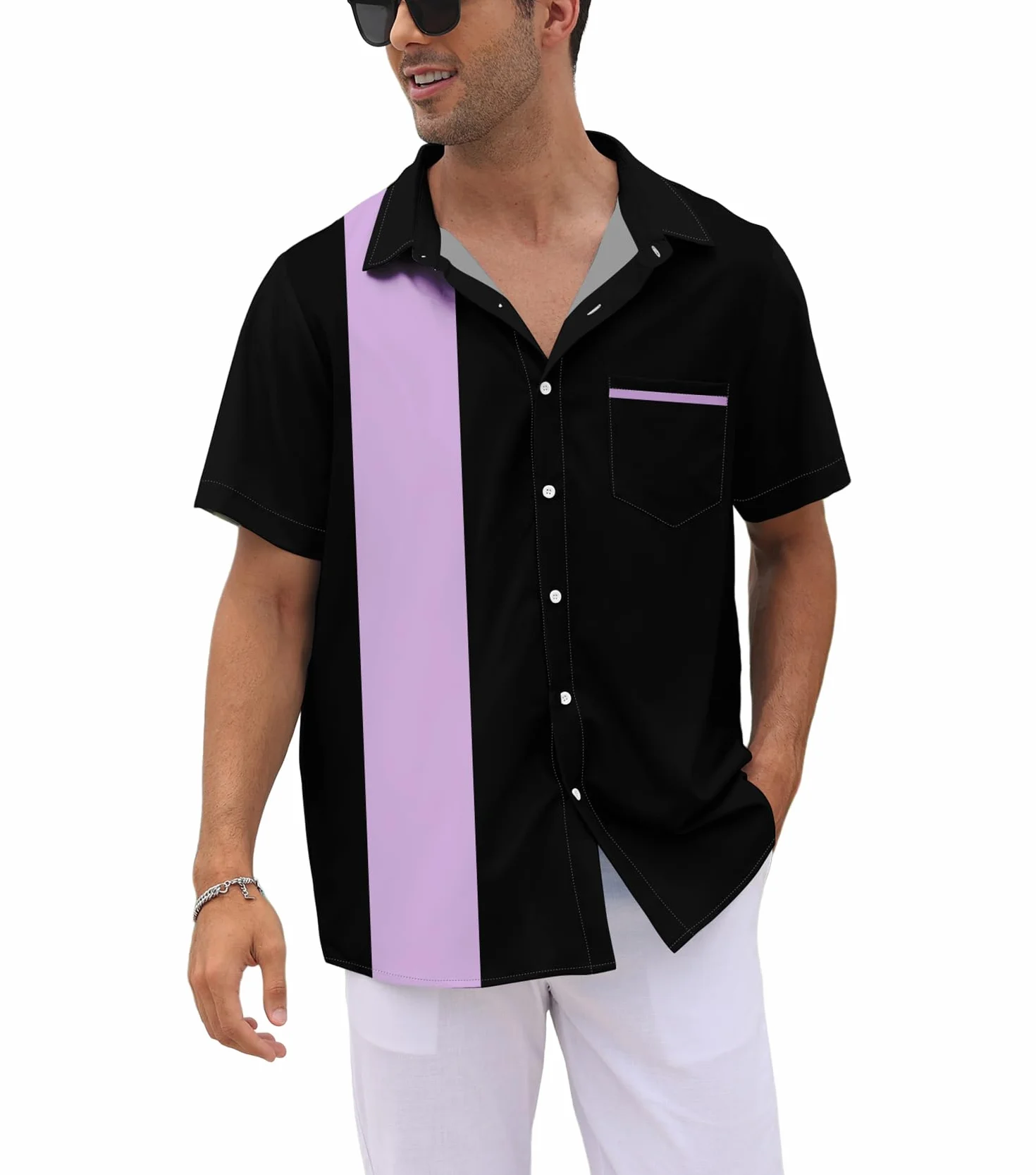Chemises de bowling vintage des années 1950 pour hommes, chemises cubaines décontractées à manches courtes boutonnées contrastées pour l'été
