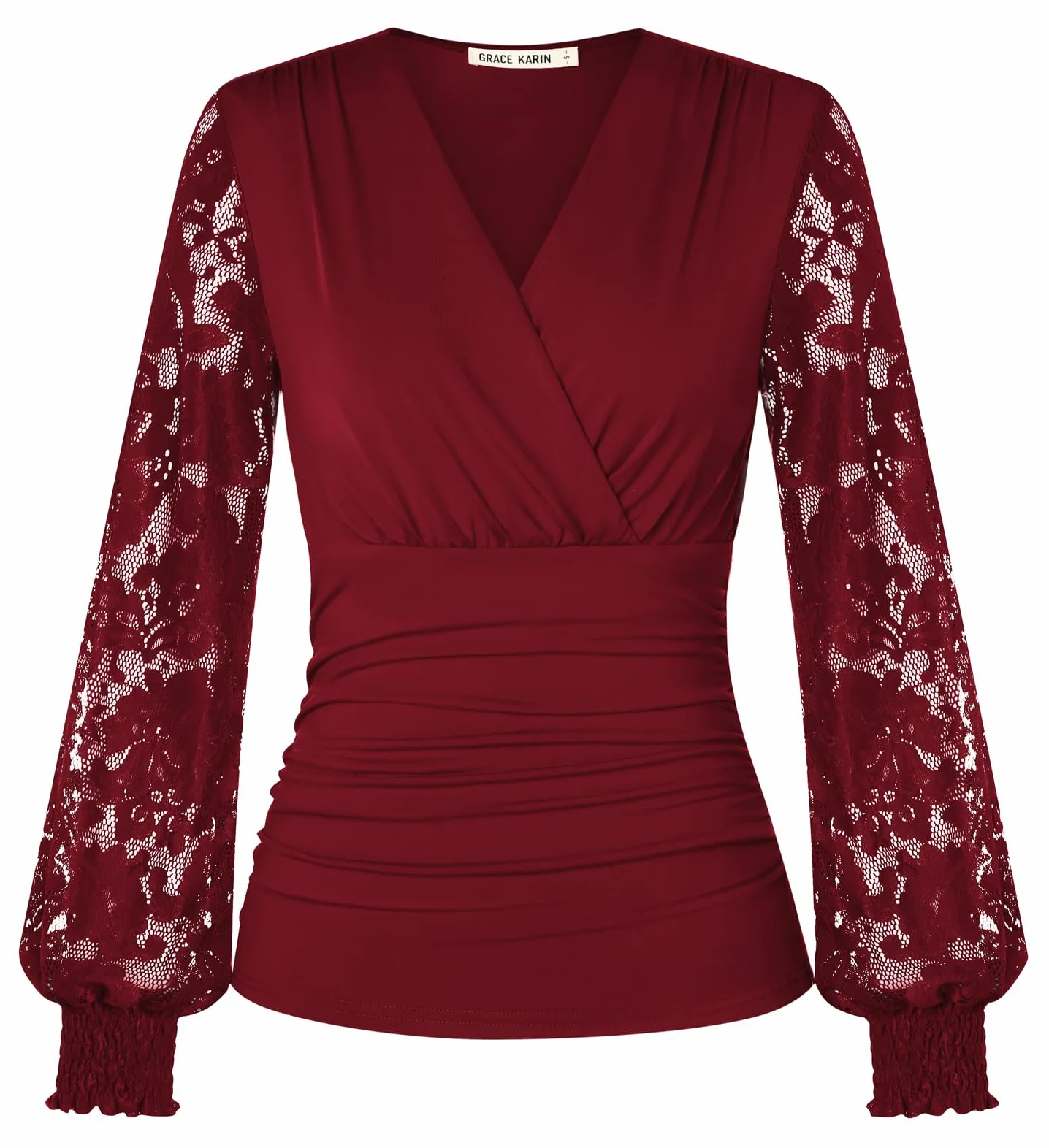 GRACE KARIN Femme Haut en Dentelle Manches Longues Festif Col V Plissé Cache-Belly Blouse Portefeuille