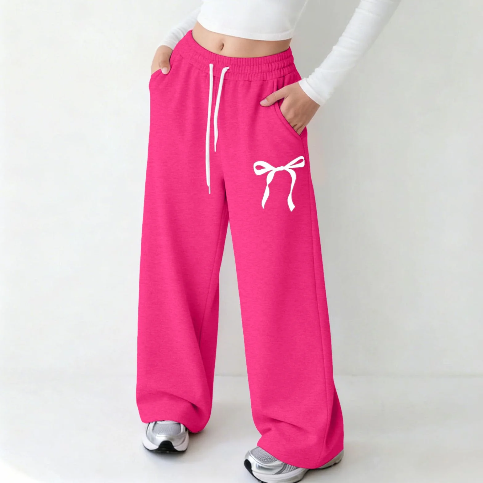 Générique Pantalon Jogging Filles Baggy Pantalon de Survêtement avec nœud Imprimé Taille Élastique avec Cordon de Serrage à Jambes Larges Pantalons Confort Décontracté Jogging Baggy Enfant Ado