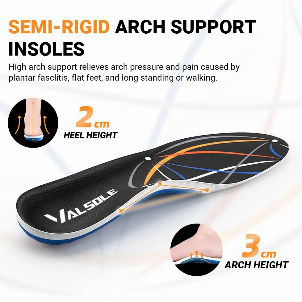 Valsole Semelles orthopédiques pour fasciite plantaire, soutien élevé de la voûte plantaire, semelles orthopédiques pour pieds plats, pour homme et femme, soutien robuste, bottes de travail, semelles