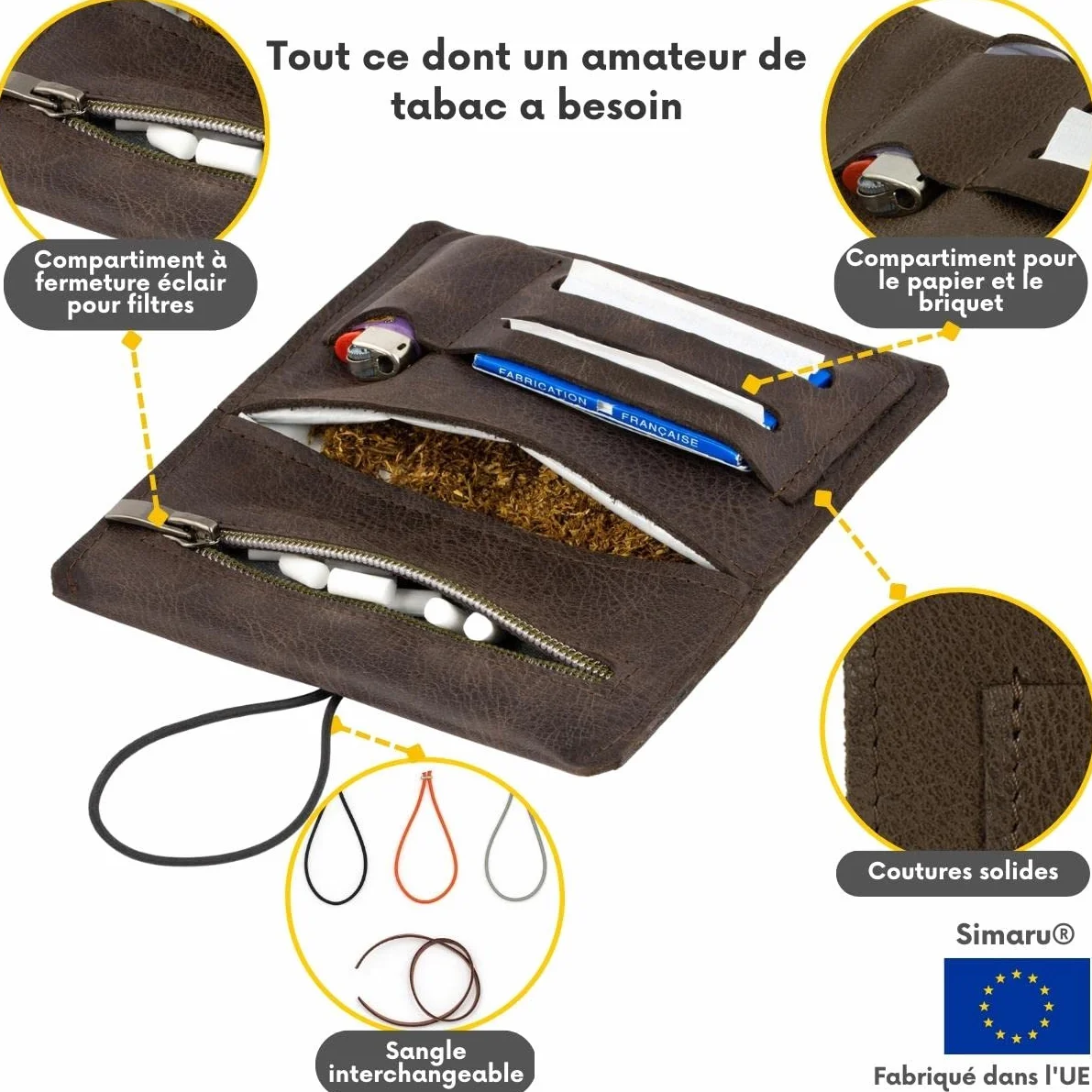 Simaru Blague à Tabac à Rouler en Cuir Italien Véritable - Étui 30g avec Compartiments pour Feuilles, Filtres et Briquets - Fermeture Éclair Supplémentaire pour un Rangement Sécurisé