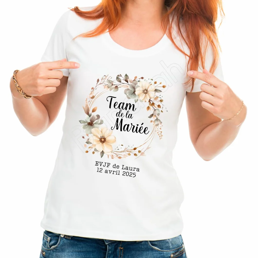 T-Shirt EVJF Team de la Mariée – Personnalisé avec prénom et Date – Enterrement de Vie de Jeune Fille 2025 – Cadeau EVJF Chic bohème