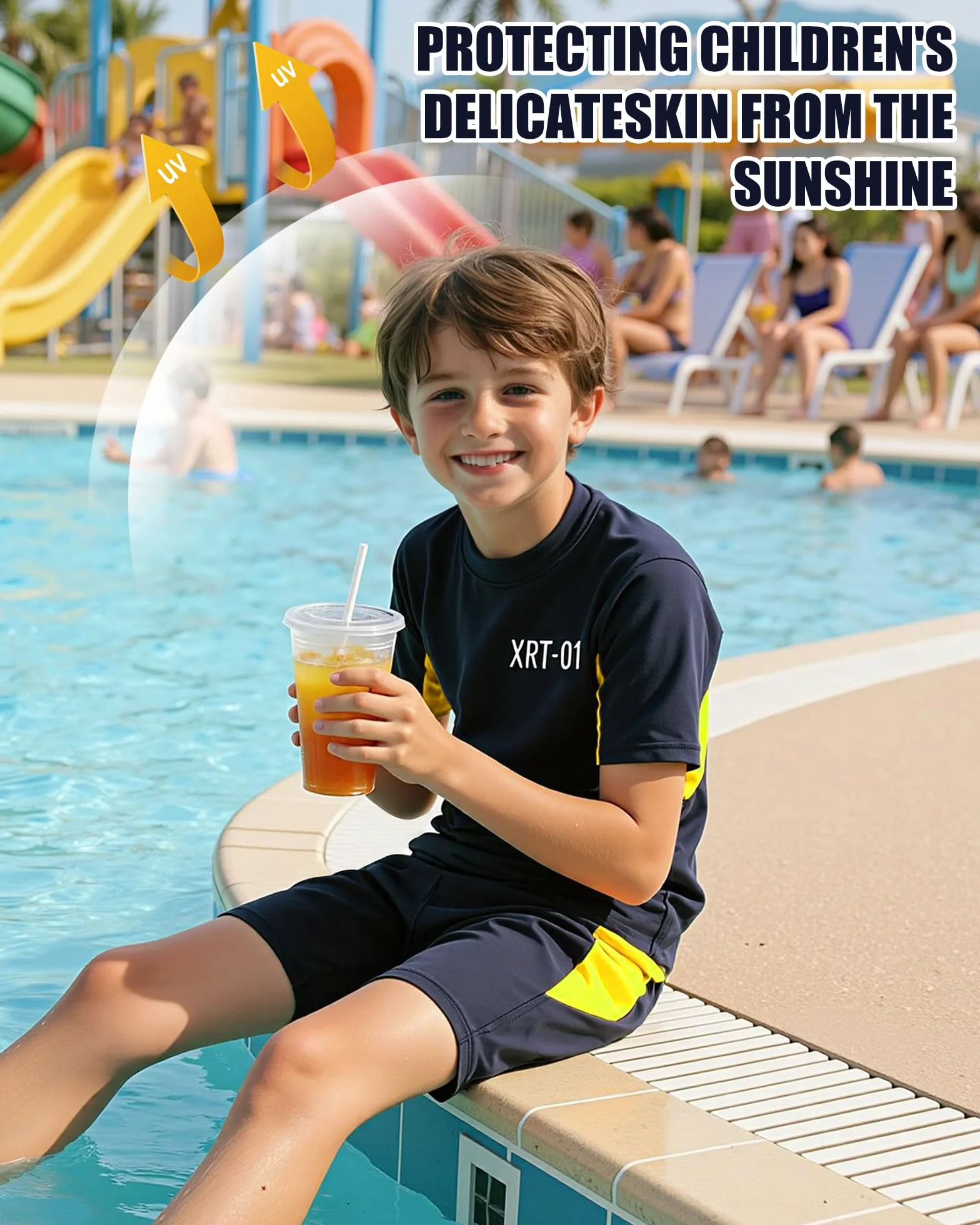 Maillot de Bain Enfant Garcon Combinaison Anti UV Manches Courtes Maillots Rashguards Et Shorts de Bain Ensemble