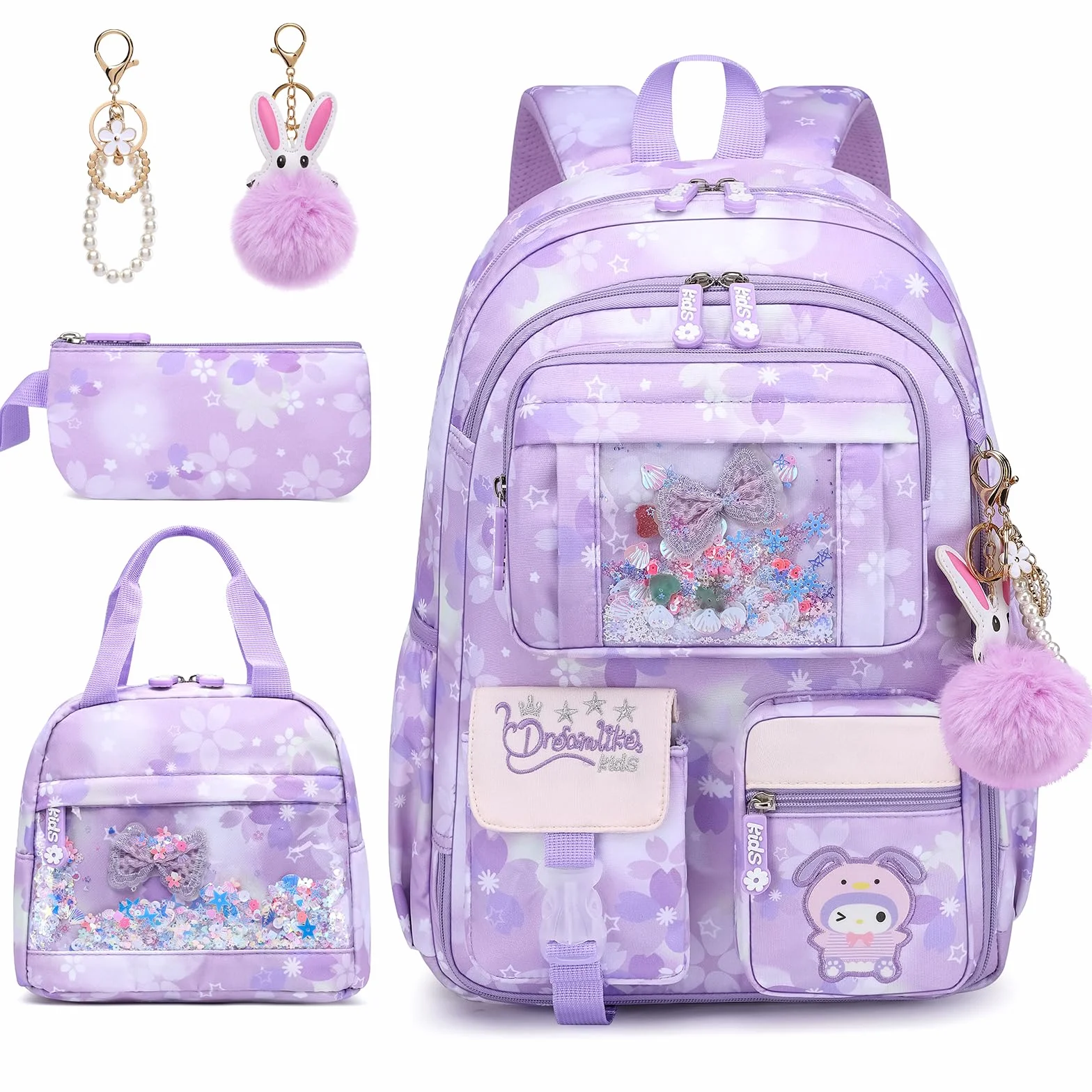 Sacs d'école pour filles Sac à dos avec compartiment pour ordinateur portable pour filles pour primaire (Sac À Dos pour Enfant + Sac À Déjeuner Isotherme + Trousse À Crayons Violet)
