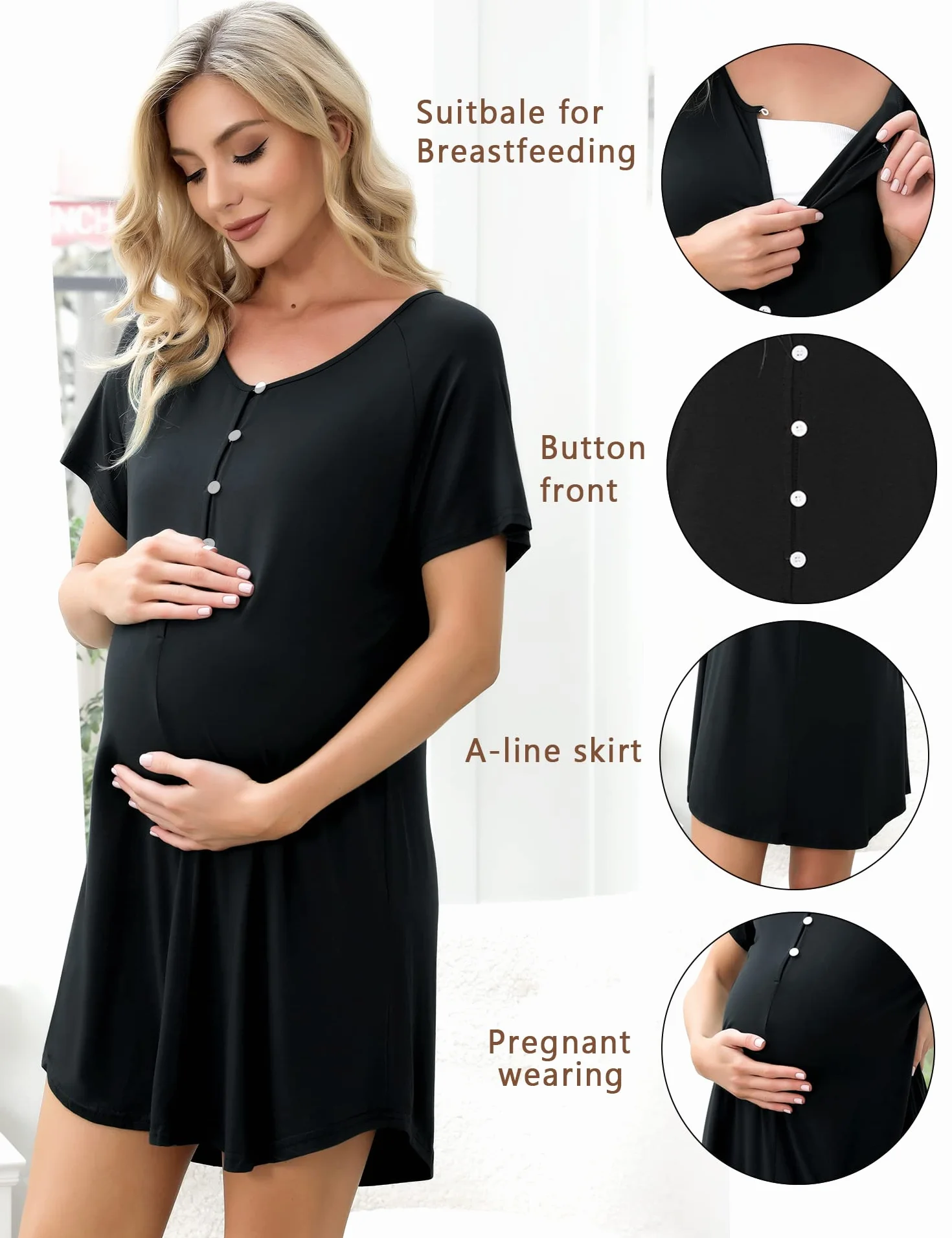 Uniexcosm Chemise de Nuit Femme Été Robe de Nuit Femme Coton Chemise de Nuit Allaitement Maternité Manches Courtes Col en V avec Bouton Devant Ouvert