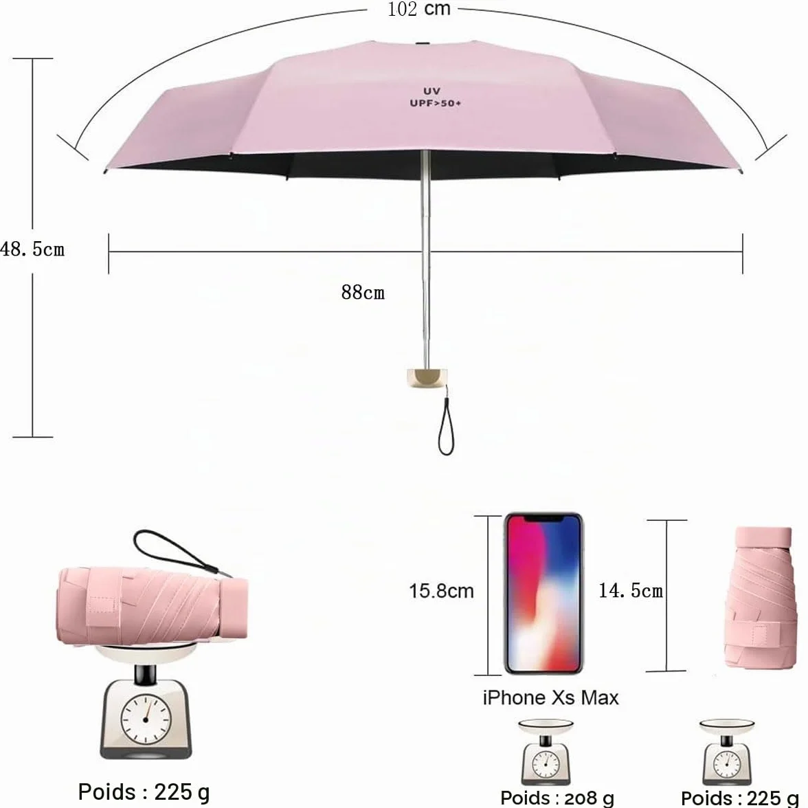 Parapluie Pliant Femme de Voyage, Protection UV, Parapluie Écran Solaire, Mini Parapluie à 6 Nervures avec Housse de Capsule pour Femme, Filles et Rnfants